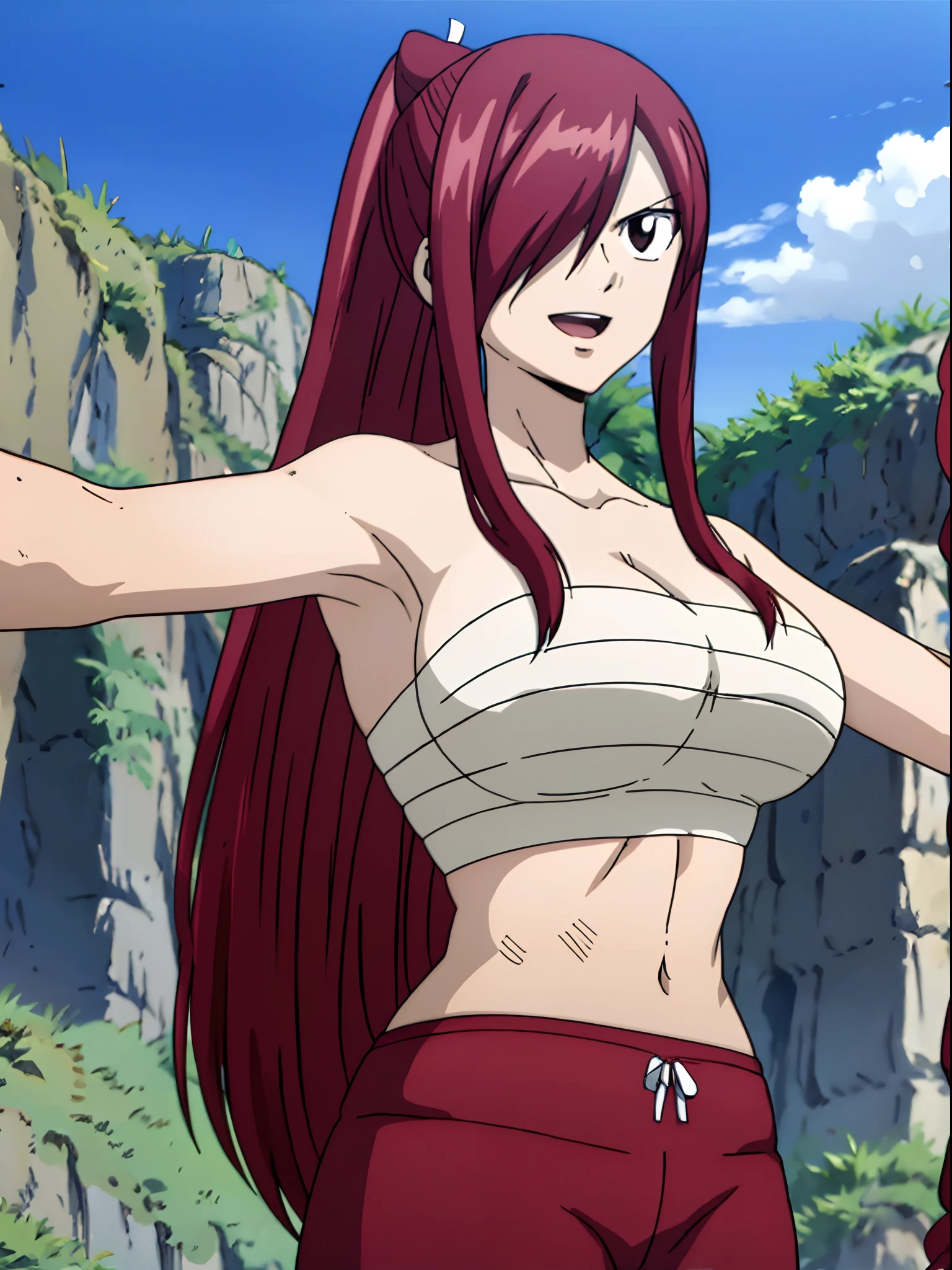 realistic body, everything is realistic,masterpiece, not wearing clothes, naked, vagina, pussy, medium boobs, high quality, 8k, best quality,  beach, best quality, highres, fairy tail, 1girl, long hair, ponytail, reddish hair, (bang cover one eye, one hidden eye, brown eye), large breasts, collarbone, midriff, standing, outdoors, smile, open mouth, emo hair, thick arms, broad shoulders, mature woman, (tall), wide shoulders, strong arms, ultra detailed arms