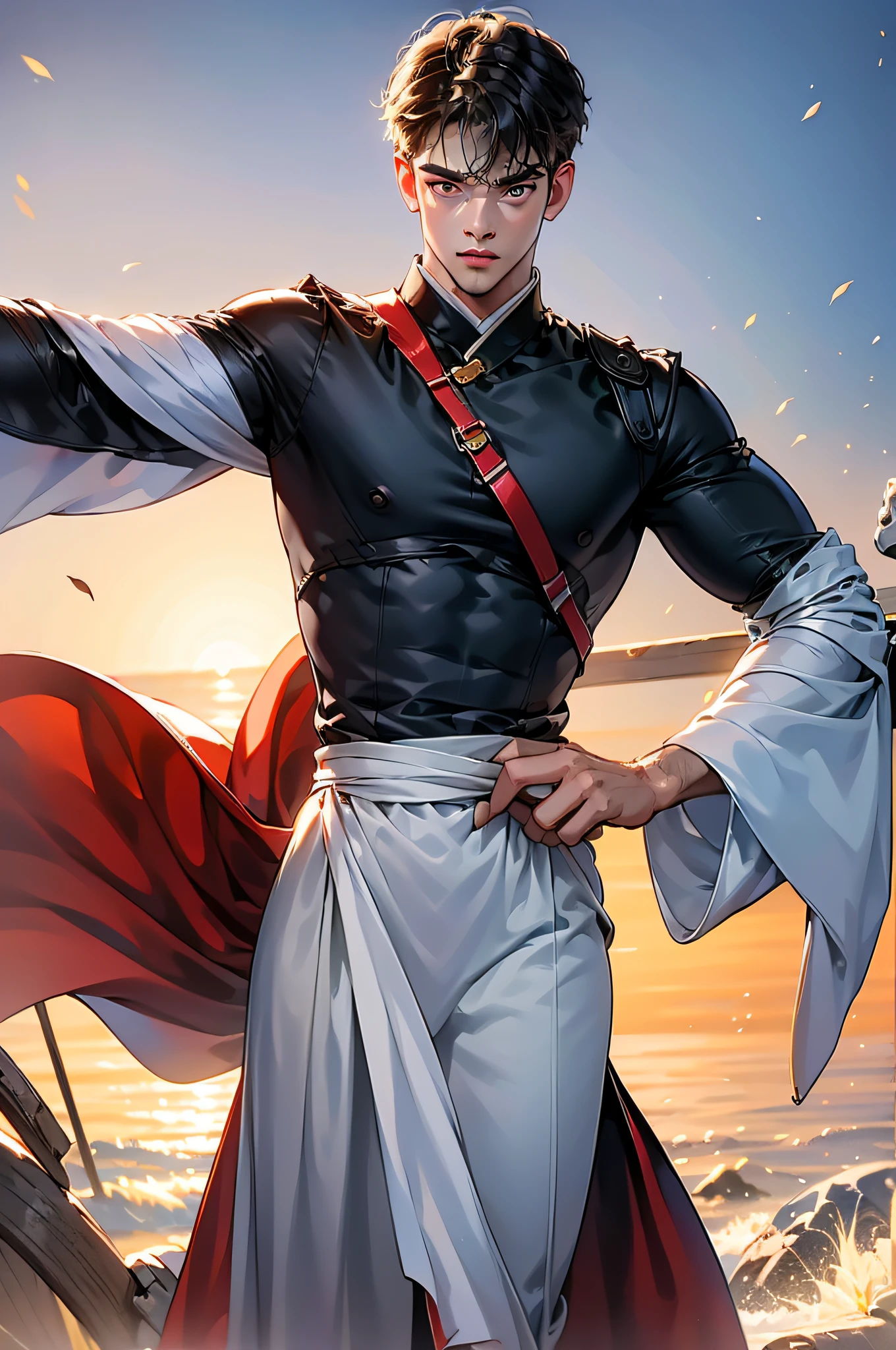 (Absurd, High Resolution, Super Detailed), Asian, 1 male, eighteen-year-old boy, handsome, tall muscular man, broad shoulders, very short hair, bottom cut, dark brown eyes, fine eyes and detailed face, extremely detailed CG Unity 8k wallpaper, intricate details, (style swirl magic: 0.7), looking at the audience, solo, (full body: 0.6), detailed background, detailed face, (European medieval fantasy theme: 1.1), hair fluttering in the wind, martial artist, Dynamic pose, fighting stance, clenched fists, fingerless gloves, wristbands, dragon-themed costume, monk robes, bamboo forest in background, swirling floating particles, dynamic composition, mysterious oriental medieval atmosphere, upper body naked, big muscles, white rubber pants, (((((crotch bulge))))