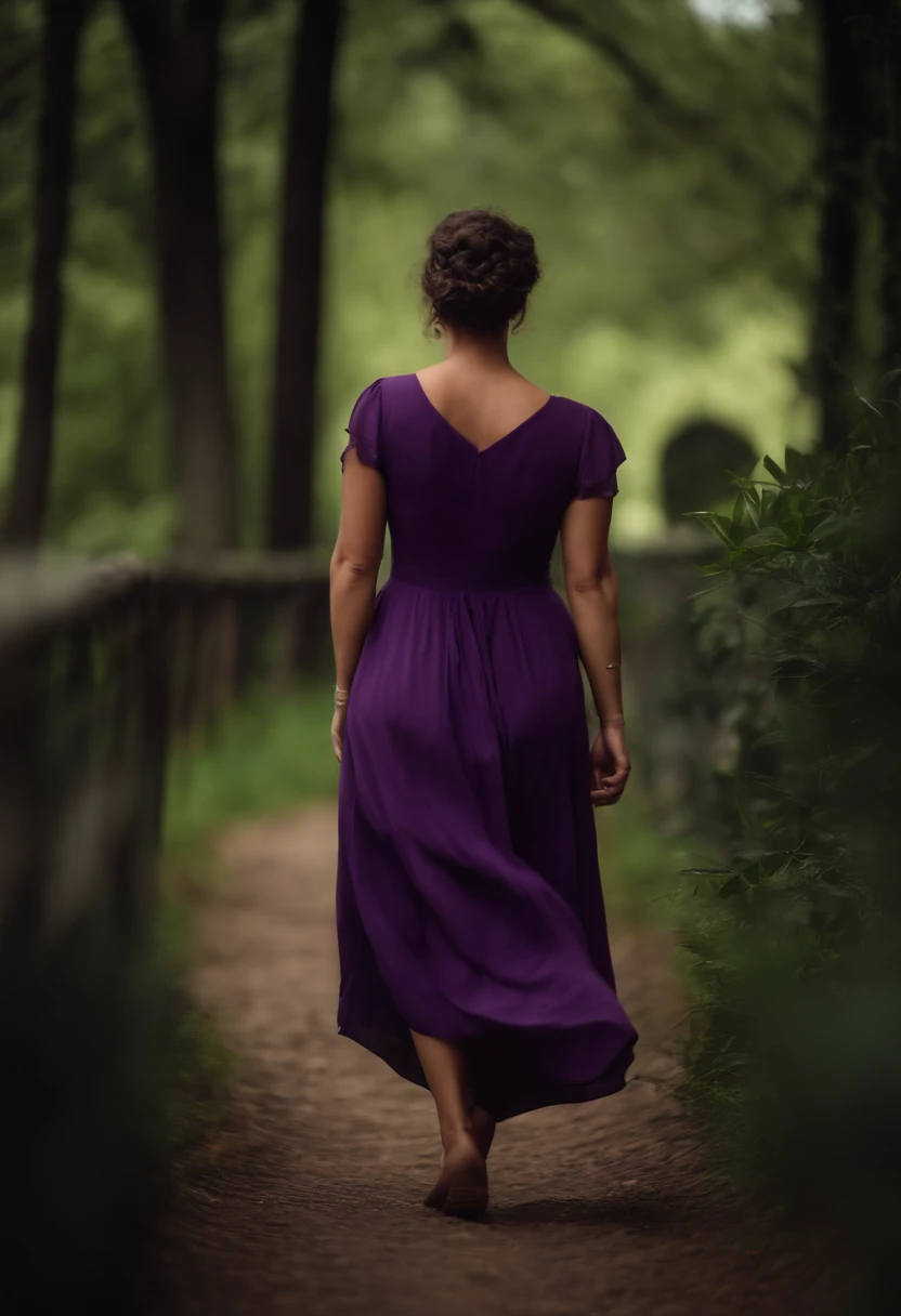 Garota, cor parda, cabelos castanhos, vestido longo roxo