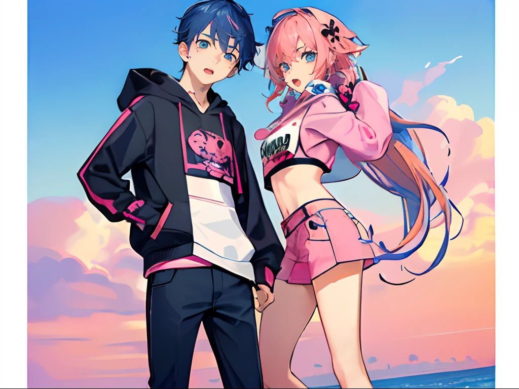 masterpiece, best quality, (expressive eyes:1.5), (perfect face:1.5), (teenage:1.4),(boy and girl:1.5), (brother and sister), group shot, full body wide angle, {(sister, pink hair, pink crop top)}, {(brother, blue hair, hoodie)} public, mall, hetero,