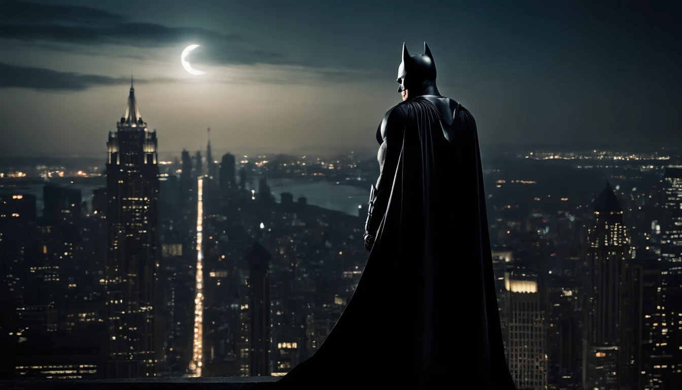 Batman on top of a tall building, observando a cidade de Gotham city, ambiente escuro e sombrio, fundo de noite, bat sign in the sky, bright moon