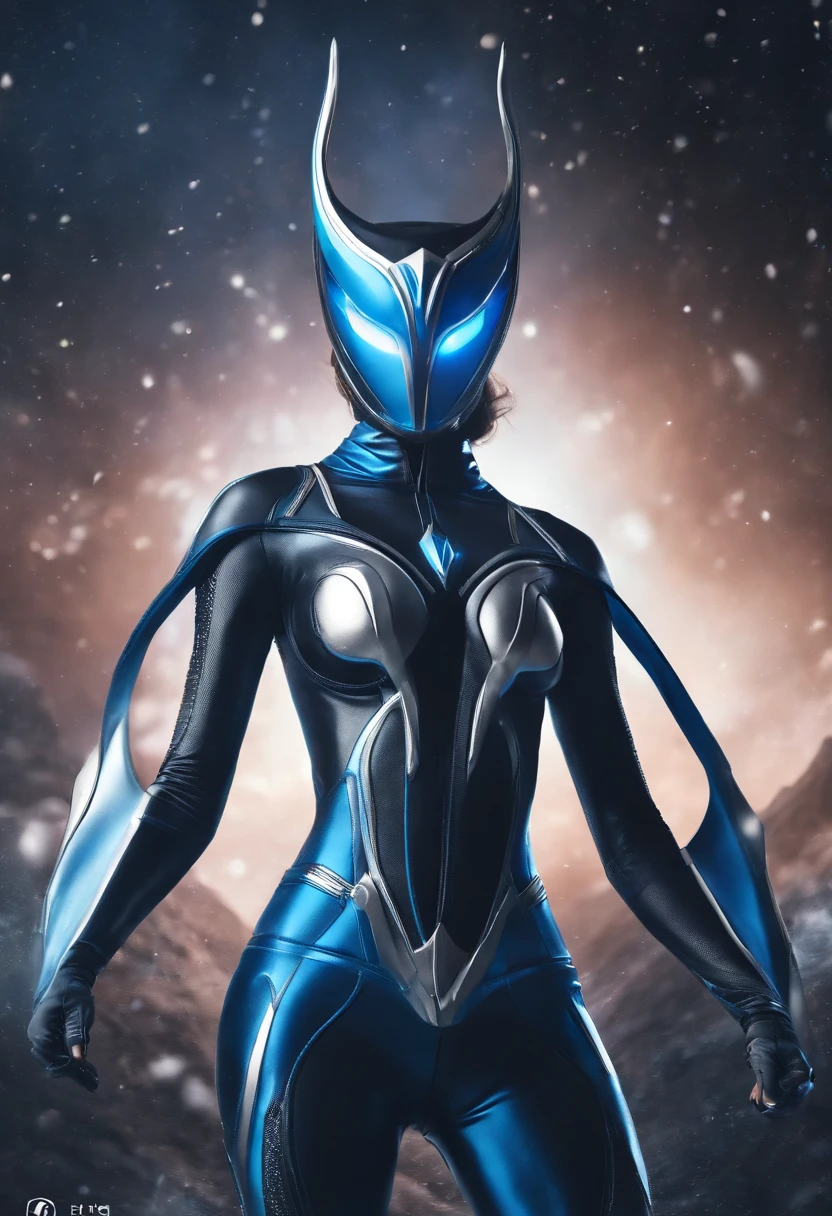 Female Kamen Rider,Dolphin motif,The symbol is a fish,Blue based on image color,White Line,Sentai Hero,Woman,Kamen Rider,Cover the entire face,Full Face Mask,mask,Biological bodysuits,Muscular decoration,Hero Suit,Feminine body line,The image is water,Water droplets,Blue light on space background,Delicately drawn live-action wallpaper