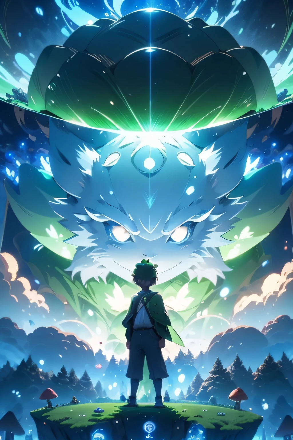 An anime boy in a magical forest, There are magical mushrooms, big trees, flying fish, Mainly blue and green, Bulbasaur, Anime boys wear green, He wears a Pokémon-related hat, There is the glowing Bulbasaur,The child looks impressed