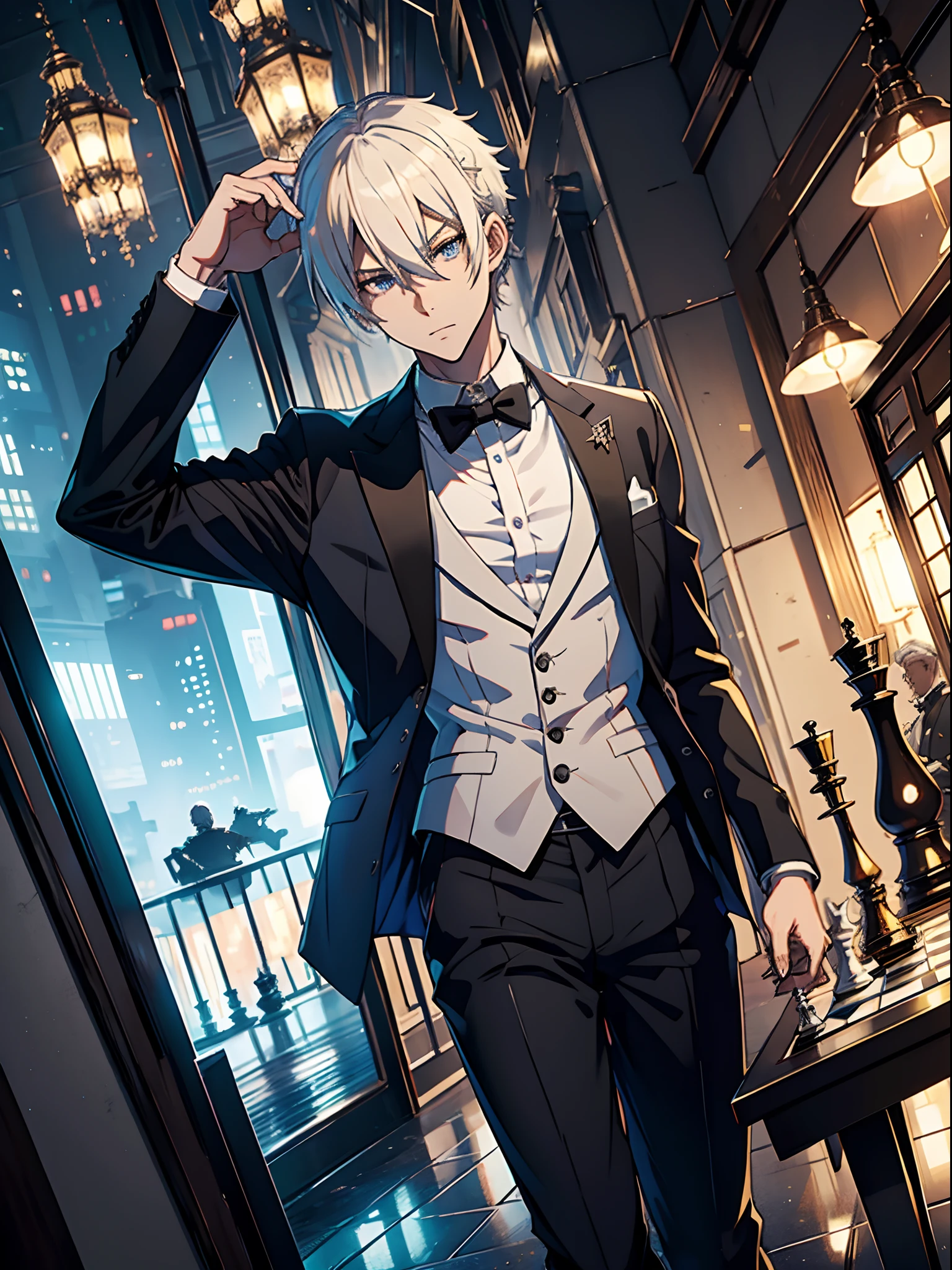 Anime Adult Guy Blonde, higly detailed, white colored hair, Formal wear, Chess cage, futuristic City of High Technologies, futuristic небоскребы