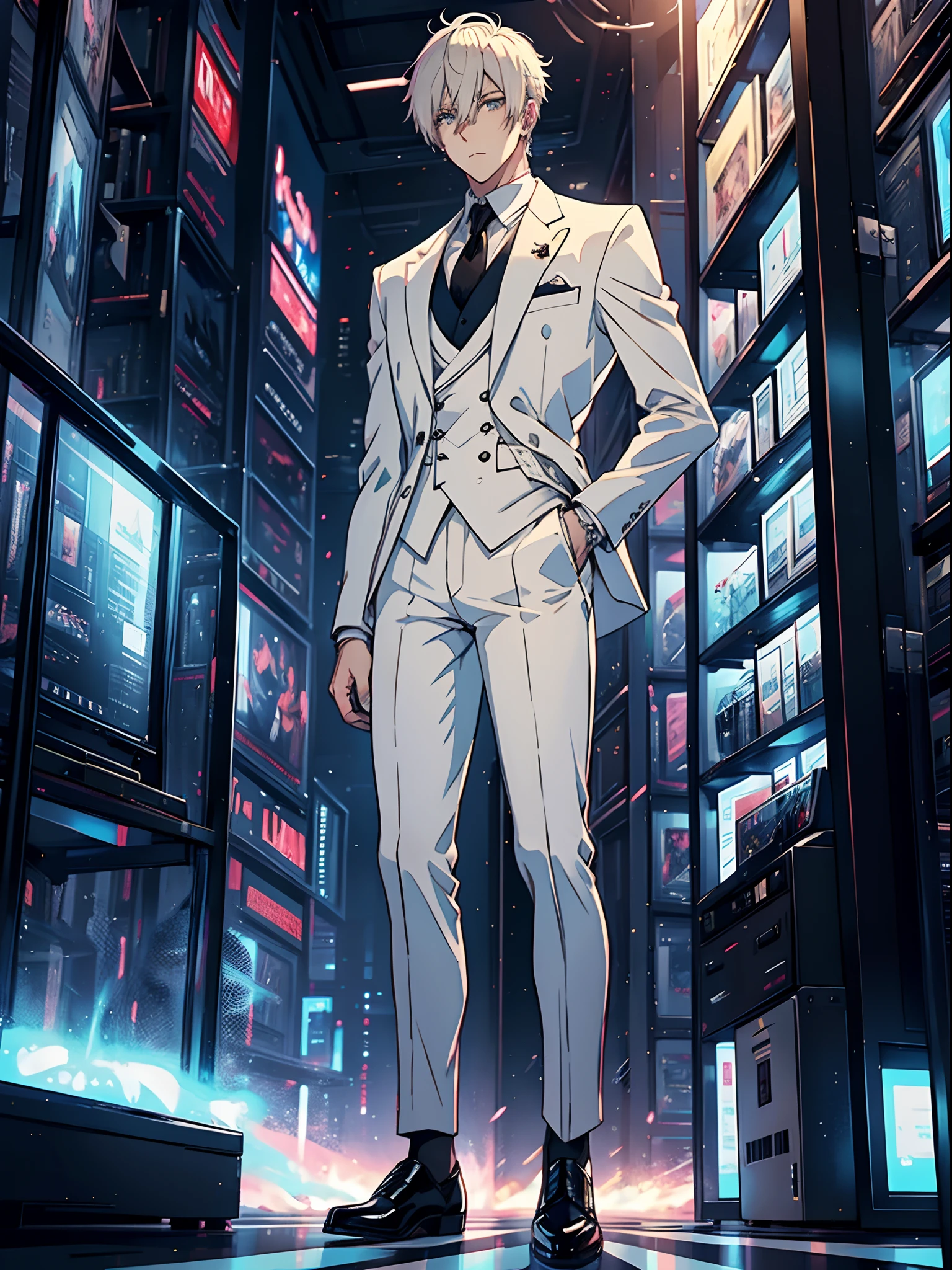 Anime Adult Guy Blonde, higly detailed, white colored hair, Formal wear, Chess cage, futuristic City of High Technologies, futuristic небоскребы
