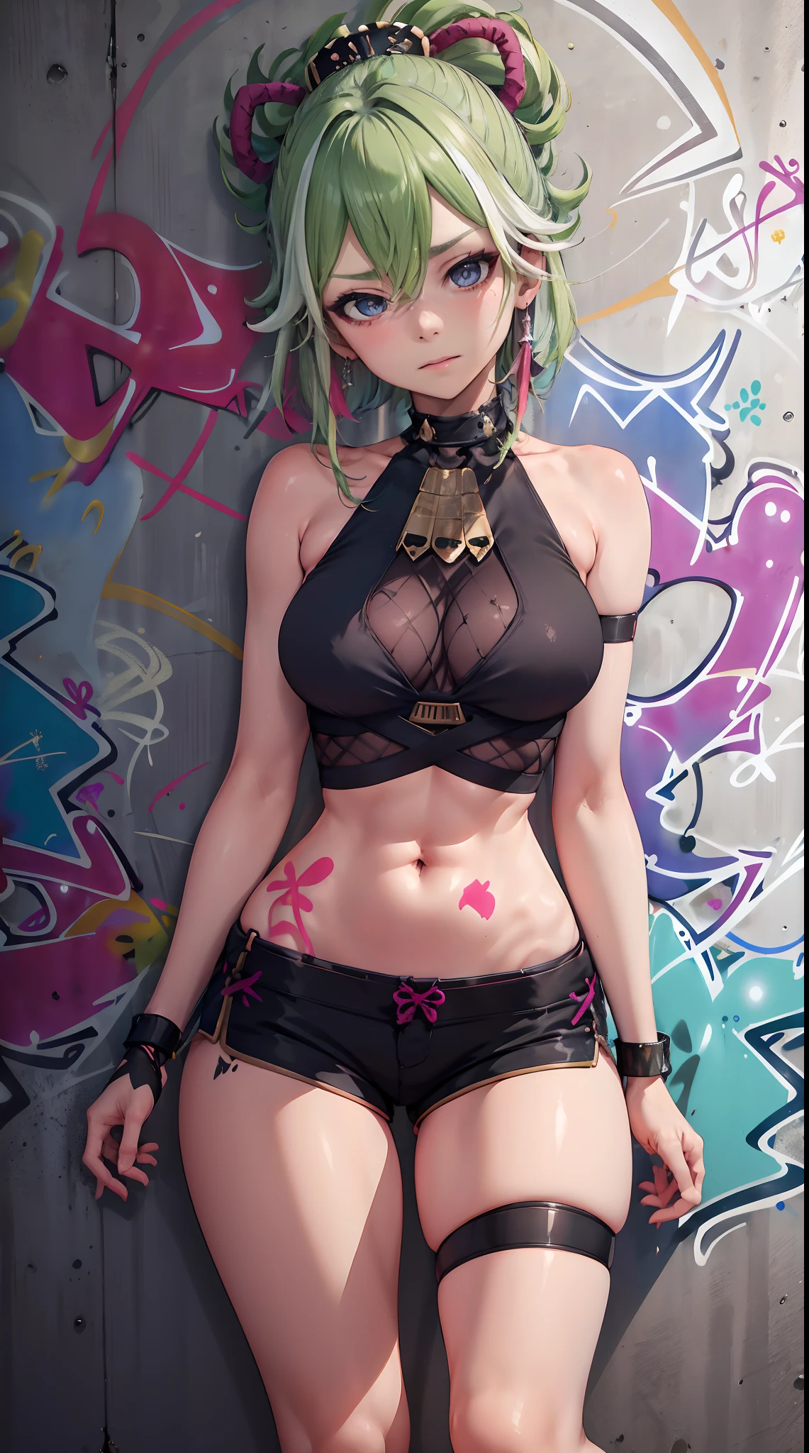 Kuki Shinobu Genshin Effect, masterpiece, bestquality, 1girls, oversized breasts, bara, crop top, shorts jeans, choker, (Graffiti:1.5), color splashes, arm behind back, against wall, looking at the audience, bracelet, Thigh strap, Head tilt, bored, multicolored hair, water eyes, headset,