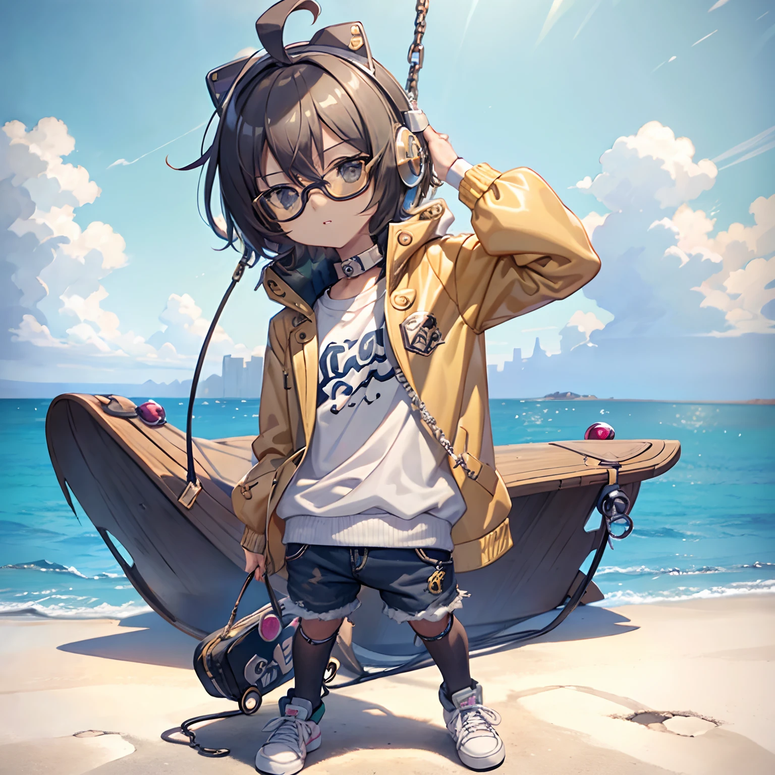 C4tt4stic, e 8 yearl,Cartoon on a jacket and skateboard, Sunglasses,Headphone neck,