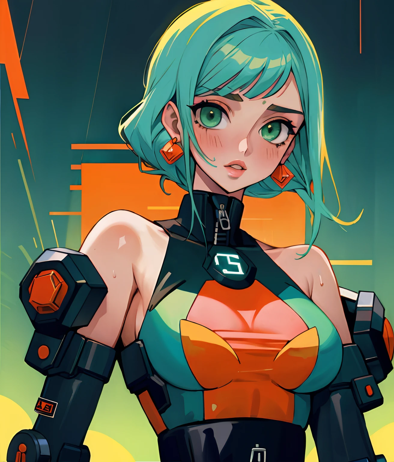 ((melhor qualidade)), ultra-detalhada,Mulher com Complex head clothing,bareshoulders, recorte acima do umbigo, mangas destacadas, mangas curtas inchadas modelo bonito da mulher, sexy, seios grandes, gostosa, dingy gym, Cyberpunk, dingy gym, rosto bonito eyes beautiful lips, NSFW leve