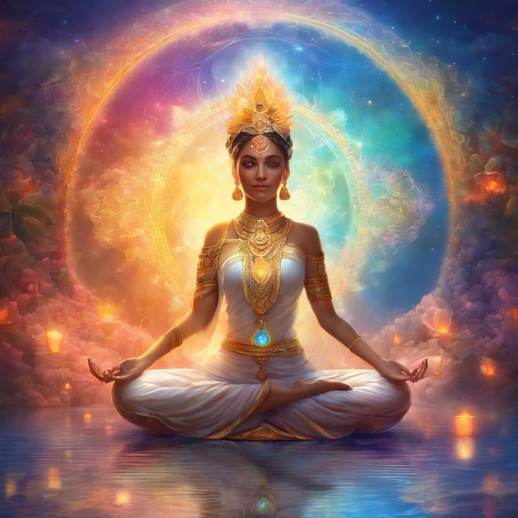 Colorful glow, Yoga position light spectrum with the seven chakras around, vibrante colorsa colorslashh An explosion of colors, Beautiful woman in white sitting on water lilies, complex stuff around, intricate in the background, Spiritual, divine, dreamlike, cosmic, mind blowing, god, pineal gland, dream like, (extremely detailed CG unity 16k wallpaper:1.1), (Denoising strength: 1.45), (tmasterpiece:1.37), hyper realistic, god rays, ray tracing, UHD, award winning