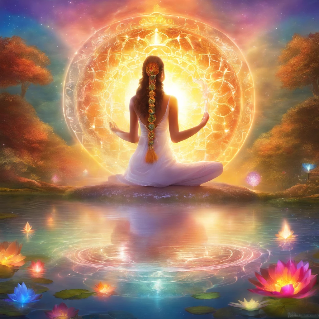 Colorful glow, Yoga position light spectrum with the seven chakras around, vibrante colorsa colorslashh An explosion of colors, Beautiful woman in white sitting on water lilies, complex stuff around, intricate in the background, Spiritual, divine, dreamlike, cosmic, mind blowing, god, pineal gland, dream like, (extremely detailed CG unity 16k wallpaper:1.1), (Denoising strength: 1.45), (tmasterpiece:1.37), hyper realistic, god rays, ray tracing, UHD, award winning