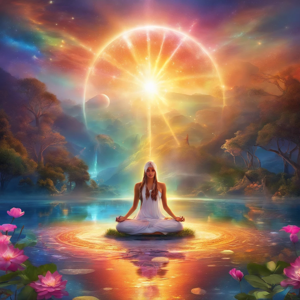 （In front of the swirls of the colorful Northern Lights: 1.5）, Yoga puts the spectrum together with the seven chakras, Vivid colors sa colorslashh, Beautiful woman in white sitting on water lilies, complex stuff around, Intricate in the background, Spiritual, Divine, Dreamlike, cosmic, mind blowing, God, pineal gland, Dream like, (Extremely detailed CG Unity 16k wallpaper), (Noise Removal Strength: 1.45), (tmasterpiece:1.37), Ultra photo realsisim, god light, Ray tracing, hyper HD, Award-Awarded