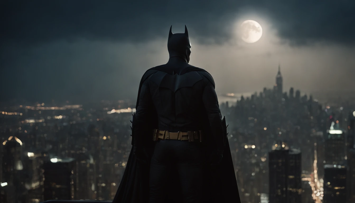 Batman on top of a tall building, observando a cidade de Gotham city, ambiente escuro e sombrio, fundo de noite, bat sign in the sky, bright moon