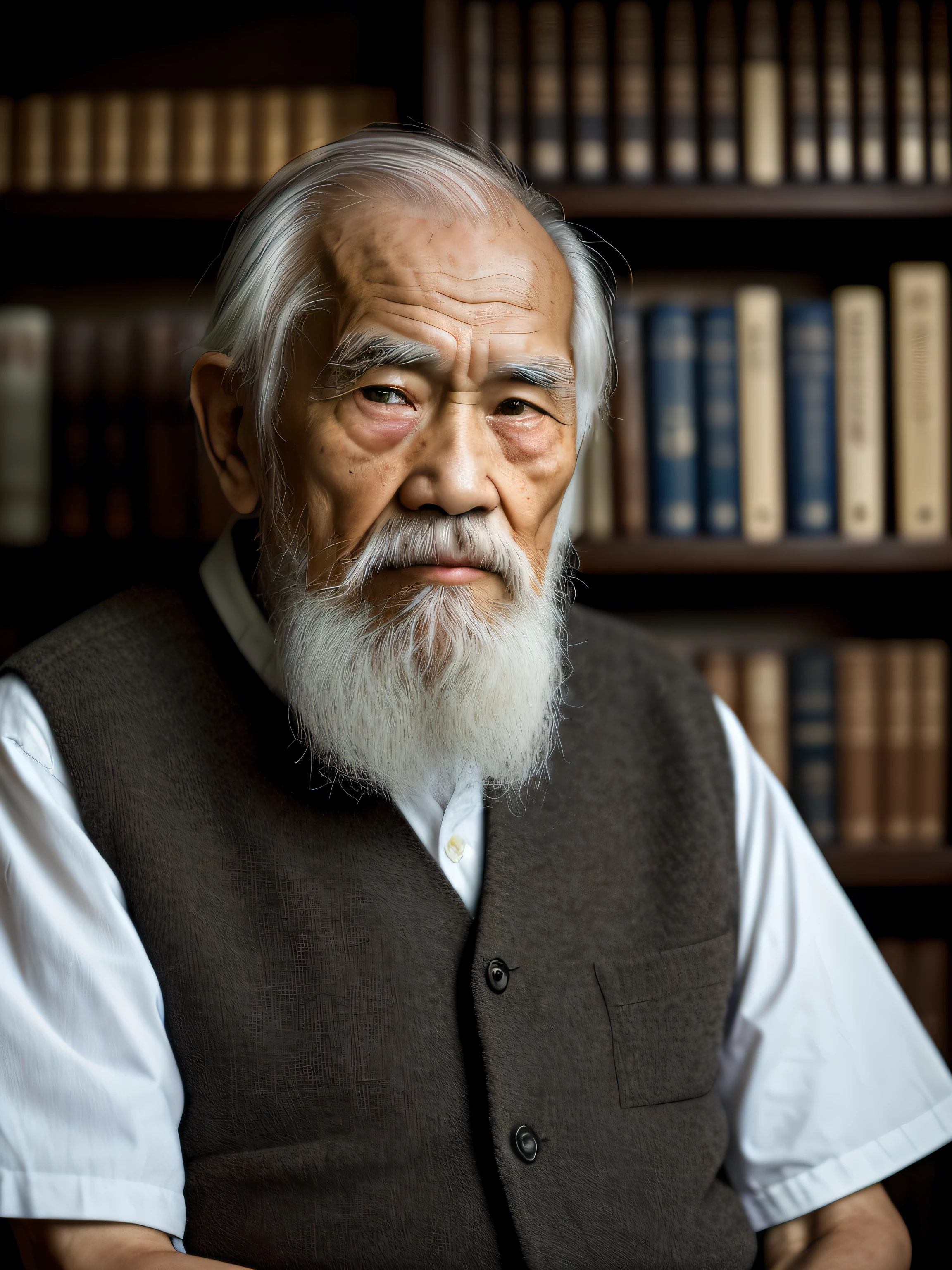 Hyper-Resolution, Ultra photo realsisim, cinema shot, Vignette, Portrait of an 80-year-old man,Look at the viewer,An elderly Asian man,Spiritual old man,Single image,Thin and thin, Old blue eyes, Short white hair, Bookshelf background,White Viking beard, Narrow face,dark-skin, Wide shoulders, Weathered by sunlight and water, Gold pattern royal twin peaks, The Royal Chambers camera is focused on the eye, High focal length, Bust photo,Faraway view,Digital SLR, 200mm lens, photography of:Cristina Otero, Dark Studio, rim lit, twotonelighting, Dimly lit, low tune, Backlight,