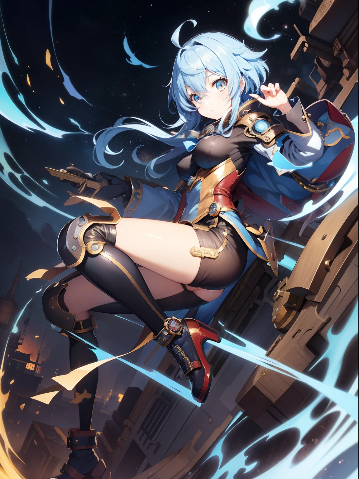 (masutepiece：1.2)、Emotion enhancement configuration、Little Flying Steam Racer、flying girl、Far above、Cute girl in anime style, Inverted triangle composition, Archaic steampunk style costumes, ((Light blue straight hair：1.2), (hitomi、Beautiful eyeballs：1.2)), Cool Face, Wearing a lot of steampunk gear and chronomatters, Full body, Steampunk Sky Blue Red Leather Coat、Decorated with numerous gear and watches, Finely detailed, Smooth, High resolution, 1girl in, Night, Black sky and lots of stars,
