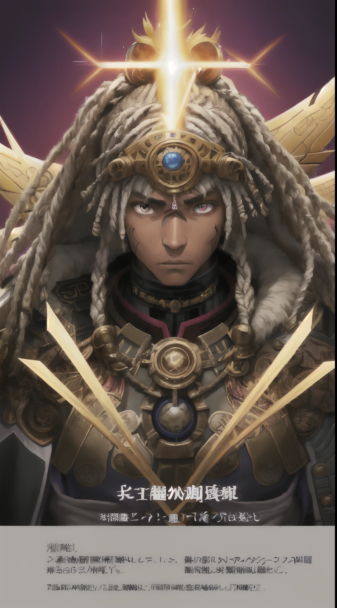 Juvenile African gladiator with Grey dreadlock hair in a glorious african cybernetic native armour inside an ancient oracle background bursting in purple golden flames,close up of a man with a sword and a concept art of a warrior, heroic fantasy character concept, warrior character design, 8 k character concept art, 8k character concept art, art character, cinematic lighting
(delicate face) , perfect detail, ((comic art style)), , 4K unified, (Manga art style) , (8K: 1.2)