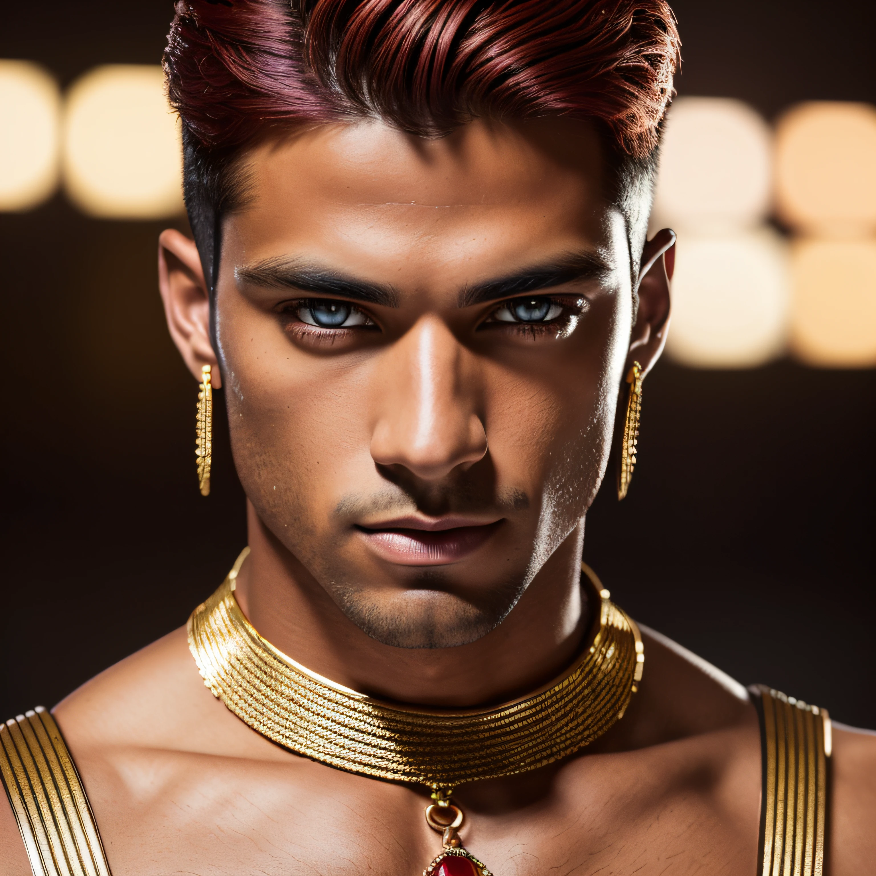 (male male model, purple violet eyes, attractive face, well-defined full body, tanned skin In 4k, standing, light, cinematic lighting. photography, detailed symmetrical realistic face, black and red and gold roman costume with ruby jewelry extremely detailed, peach skin, auburn red hair, masterpiece, absurdities, Nikon D850 Stock Photography, kodak portra 400 f1.6 lens camera, extremely detailed, amazing orgy, fine details, hyper realistic texture, dramatic lighting, high quality , full resolution, sharp focus, extremely detailed, cinematic lighting, 8k UHD.