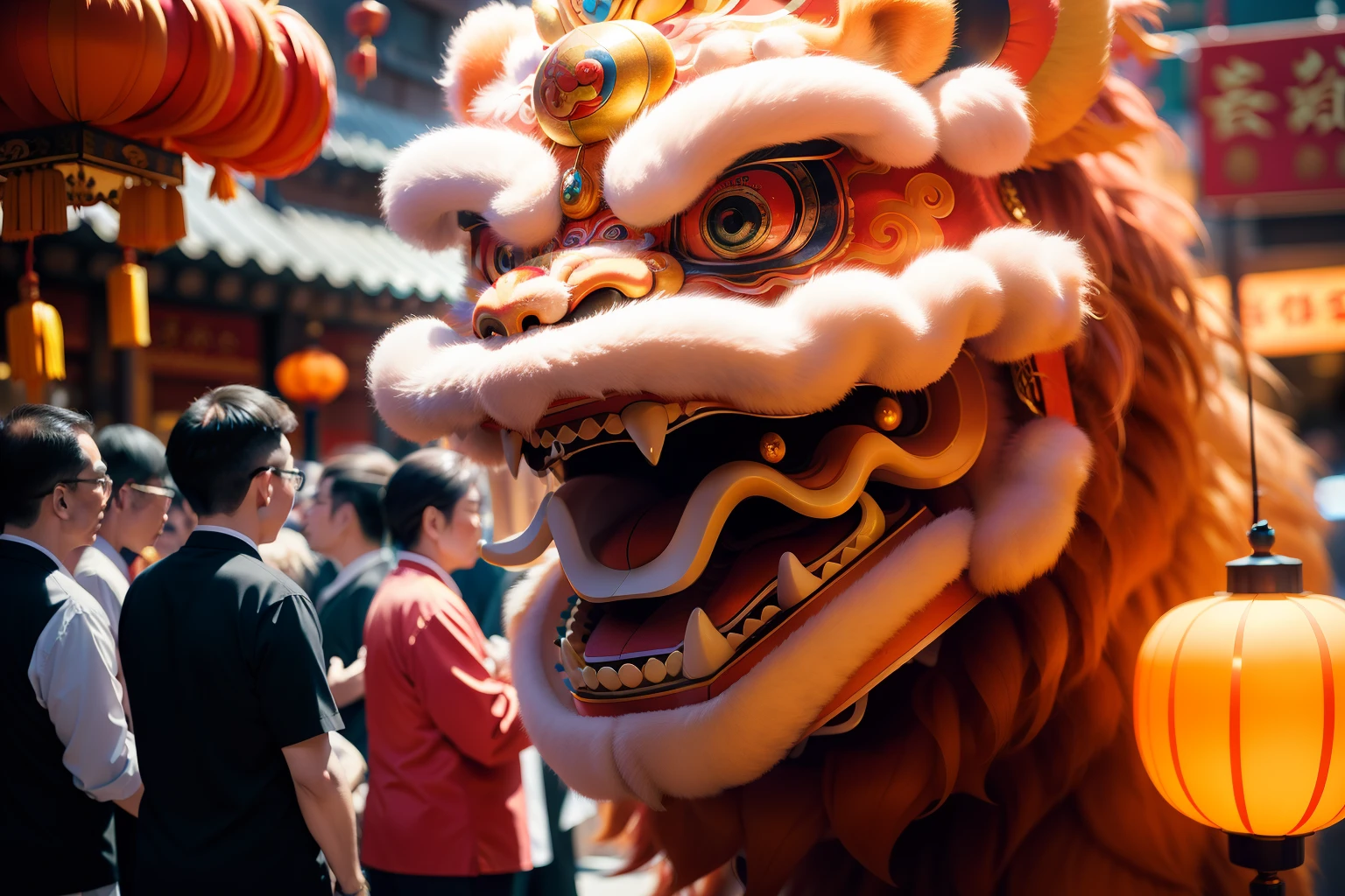 Lion dance in Chinatown,  Lively crowd in the background,。Backshot, Cinematic light, , surrealism，Sekizawa style，Depth of field 1.8，High- sharpness，Realistic details::2，