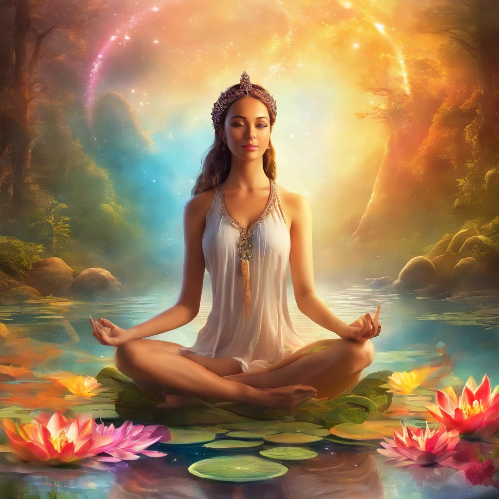 Colorful glow, Yoga position light spectrum with the seven chakras around, vibrante colorsa colorslashh An explosion of colors, Beautiful woman in white sitting on water lilies, complex stuff around, intricate in the background, Spiritual, divine, dreamlike, cosmic, mind blowing, god, pineal gland, dream like, (extremely detailed CG unity 16k wallpaper:1.1), (Denoising strength: 1.45), (tmasterpiece:1.37), hyper realistic, god rays, ray tracing, UHD, award winning