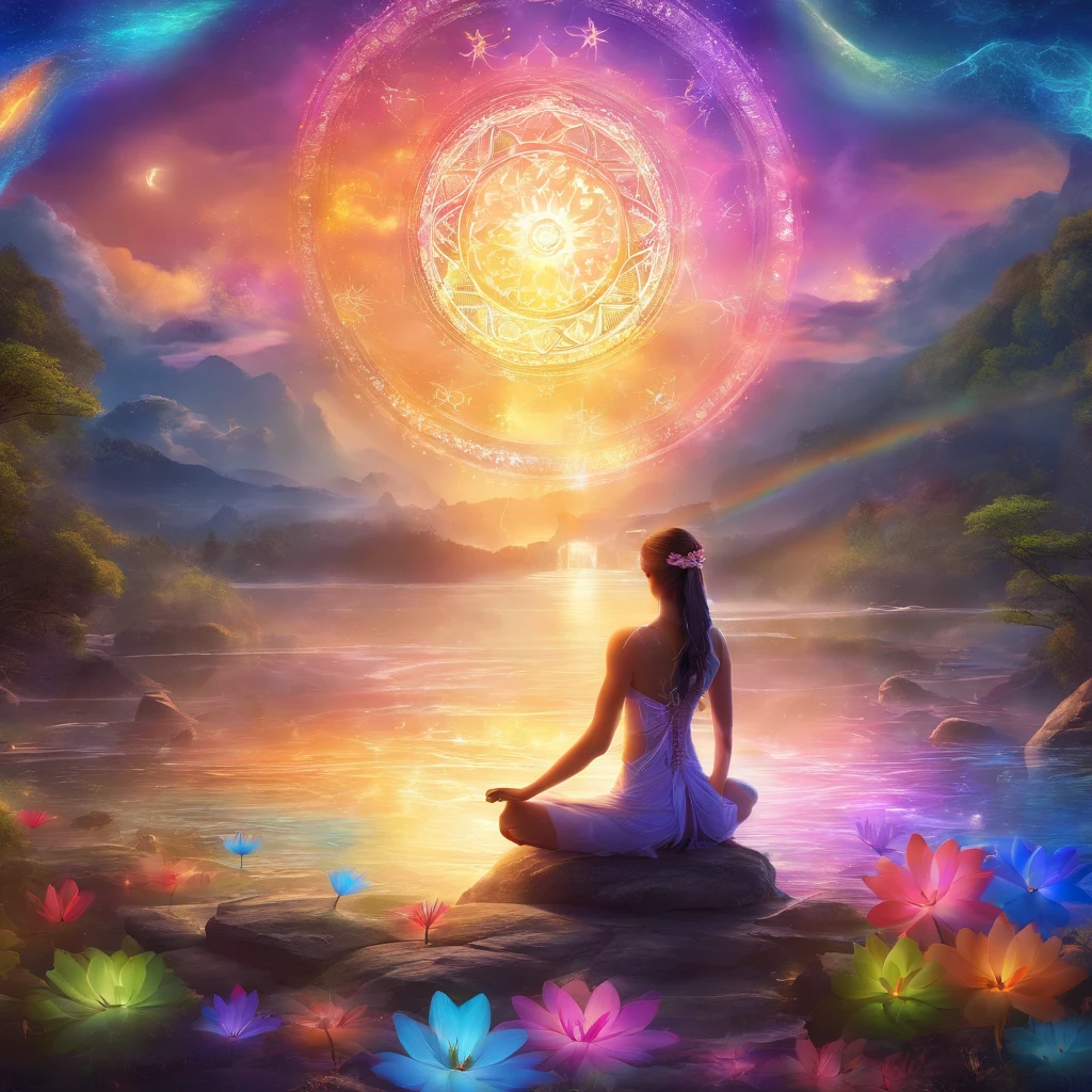 Colorful glow, Yoga position light spectrum with the seven chakras around, vibrante colorsa colorslashh An explosion of colors, Beautiful woman in white sitting on water lilies, complex stuff around, intricate in the background, Spiritual, divine, dreamlike, cosmic, mind blowing, god, pineal gland, dream like, (extremely detailed CG unity 16k wallpaper:1.1), (Denoising strength: 1.45), (tmasterpiece:1.37), hyper realistic, god rays, ray tracing, UHD, award winning