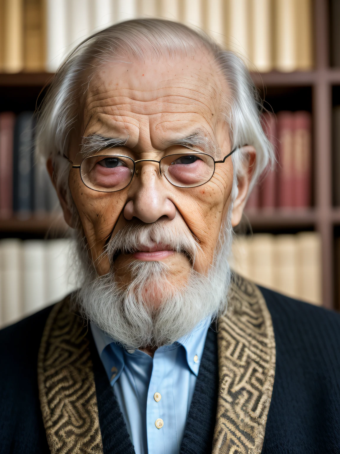 Hyper-Resolution, Ultra photo realsisim, cinema shot, Vignette, Portrait of an 80-year-old man,Look at the viewer,An elderly Asian man,Spiritual elderly,Single image,Thin and thin, Old blue eyes, Short white hair, Bookshelf background,White Viking beard, Narrow face,dark-skin, Wide shoulders, Weathered by sunlight and water, Gold pattern royal twin peaks, The Royal Chambers camera is focused on the eye, High focal length, Bust photo,Faraway view,Digital SLR, Dark Studio, rim lit, twotonelighting, Dimly lit, low tune, Backlight,