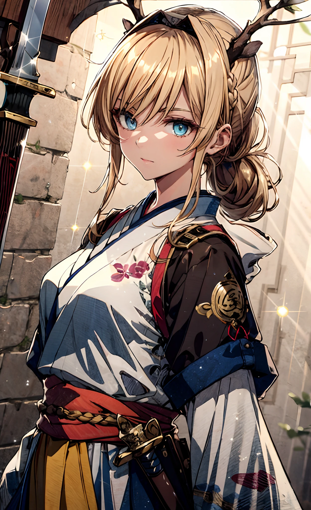 Masterpiece, Best quality, 1girll, Golden hair, blue color eyes, Female swordsman walking, Dutch angle, Cinematic, voluminetric lighting, rays of sunshine, Soft lighting, mistic, magical, rim lit, fantasy, Sparkle, glimmering, Ponytail hairstyle, Hanfu, Carrying a sword on his back, Ancient China, White and yellow clothes, Bird, The crane, Long hair, thick eyebrow