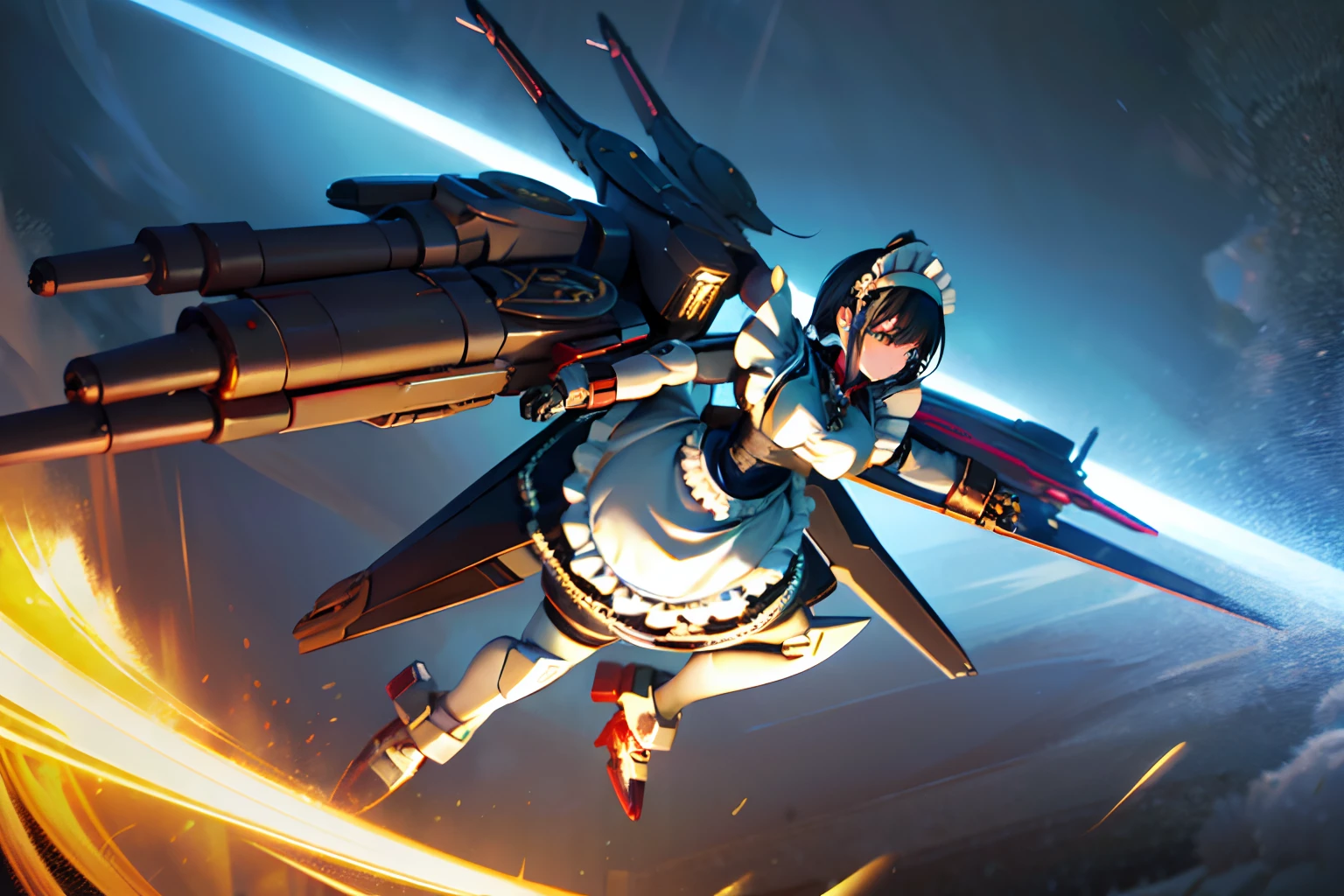 steampunk graphic novel illustration, (utterly cute wolf-type mecha:1.2), (headband-type-mecha:1.3), high heel type mecha, mega long skirt type hover jet, (((mechanical maid uniform mecha:1.3))), mechanical arm, long diamond claws, mecha fang, eye radar lens, (cinematic still and angle with lighting:1.3), hand vulcan, hand missile, intricate details and unique style. meticulously detailed, detailing oil painting of illustration, high quality, crisp and sharp resolution. professional level of detail and precision. ((stunningly beautiful visual quality:1.2)). exquisite high-definition drawing, white, dark cyan red, ash gray, dark gray, white black, dark cyan yellow, deep techno, insane details, nature landscape background detail, cybernetics, (precise delicate facial details:1.3),