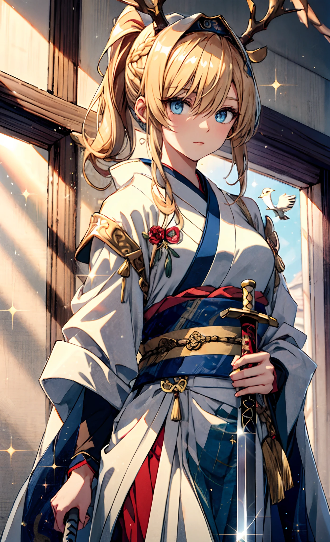 Masterpiece, Best quality, 1girll, Golden hair, blue color eyes, Female swordsman walking, Dutch angle, Cinematic, voluminetric lighting, rays of sunshine, Soft lighting, mistic, magical, rim lit, fantasy, Sparkle, glimmering, Ponytail hairstyle, Hanfu, Carrying a sword on his back, Ancient China, White and yellow clothes, Bird, The crane, Long hair, thick eyebrow
