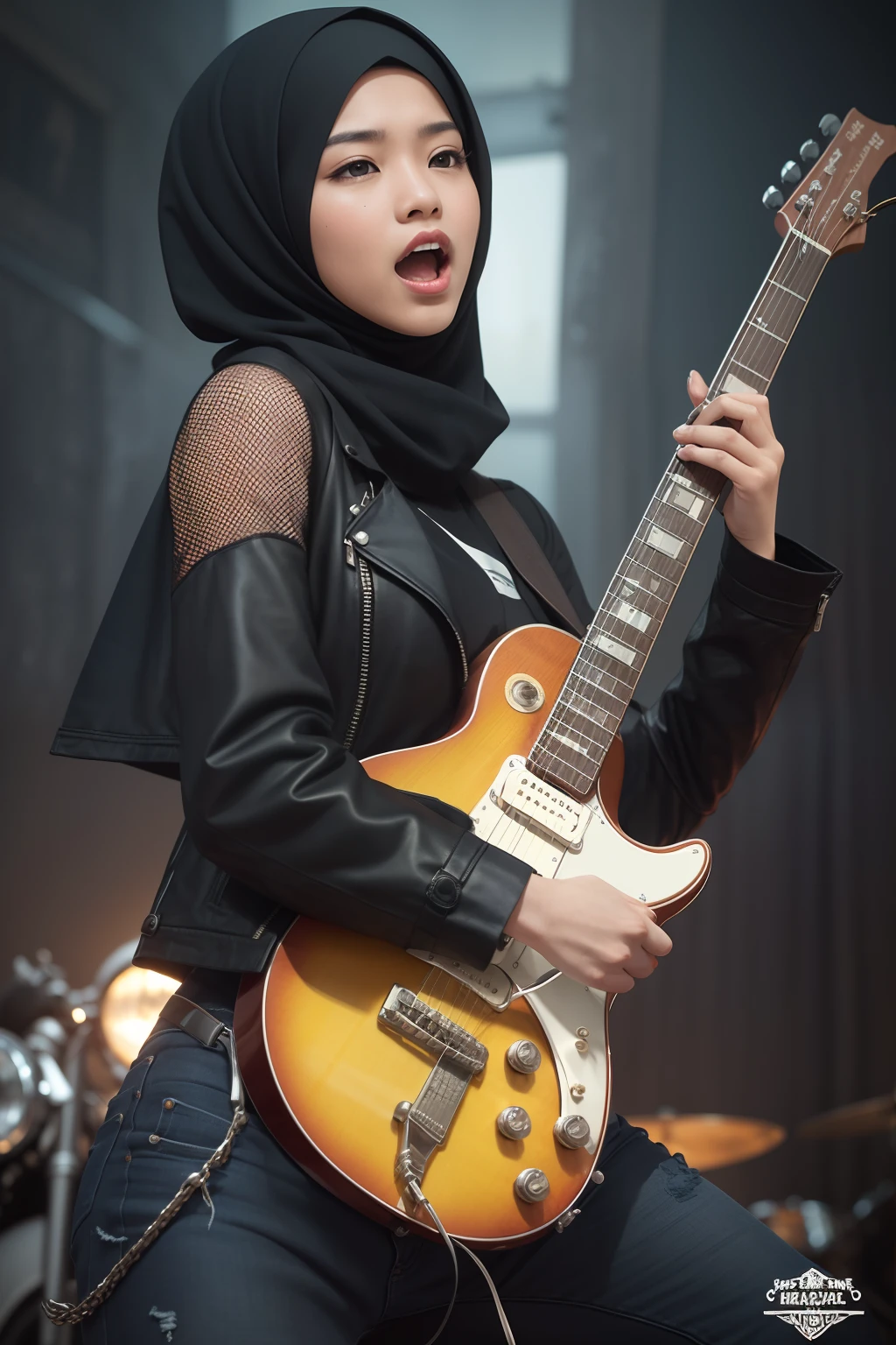 Craft an atmospheric portrait that captures the Malay girl in hijab in a moment of musical ecstasy playing guitar, surrounded by the gritty elegance of a classic motorbike, embodying the spirit of rock 'n' roll, rockers outfit,