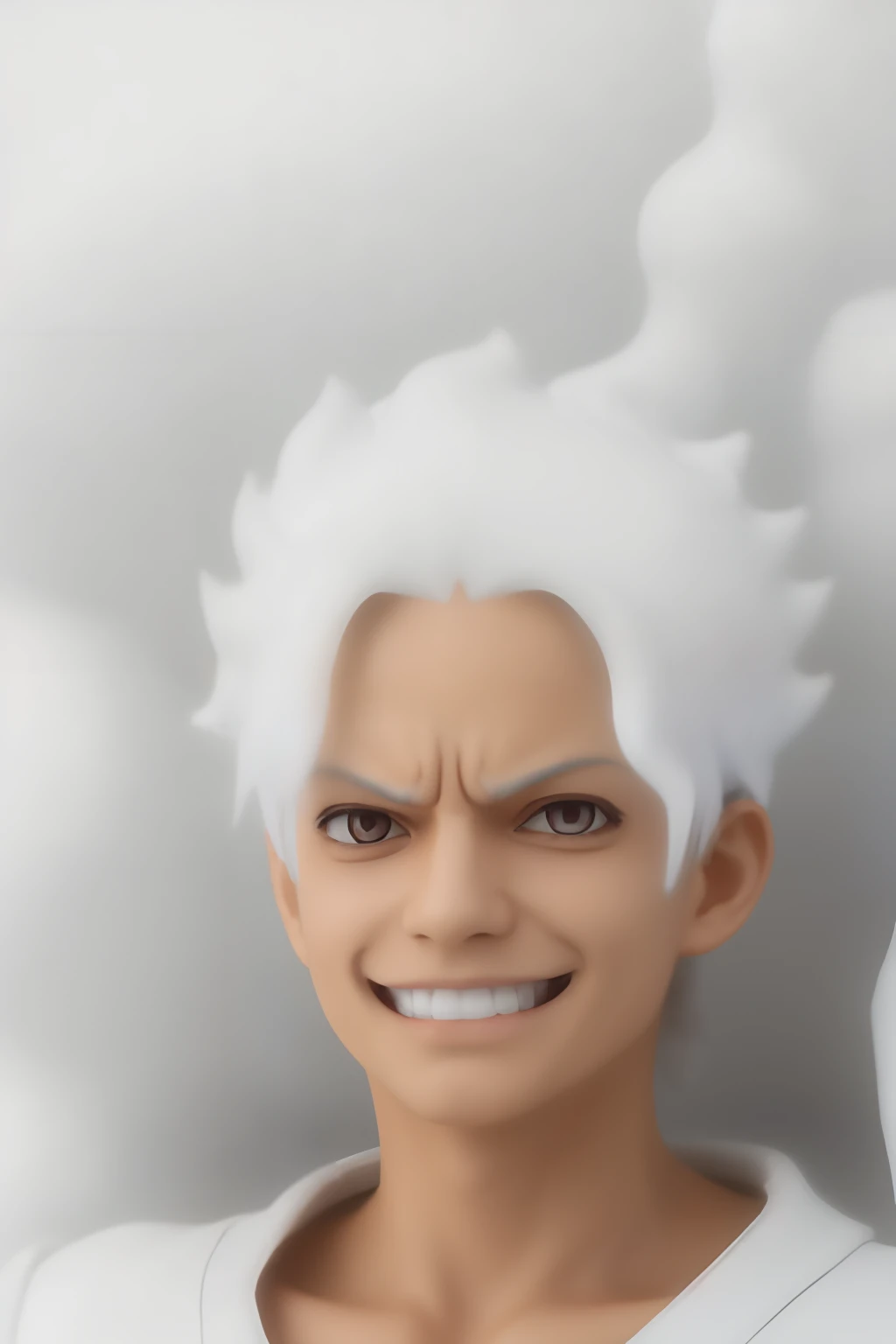 Anime character, Luffy from One Piece, with white hair, wearing white clothes, surrounded by smoke effects, and in Gear Five form [anime, portraits], (best quality, 4k, highres, masterpiece:1.2), ultra-detailed, (realistic, photorealistic:1.37), vivid colors, sharp focus, professional, bokeh, (white hair:1.1), (white clothes:1.1), (smoke effects:1.1), (Gear Five:1.1), hit, with a smile, ((realistic face,realistic skin))