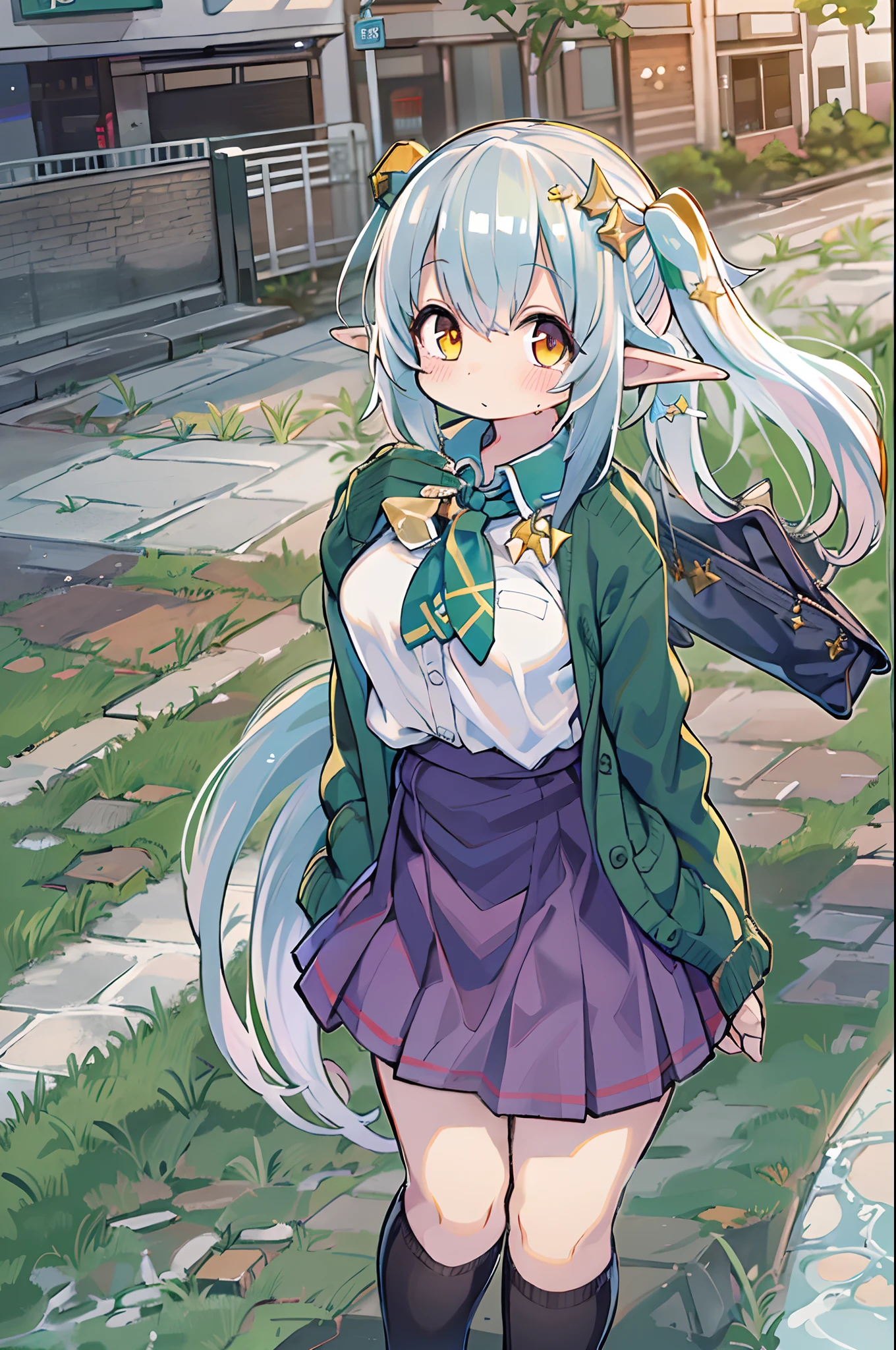 masutepiece , Best Quality,Nahida(GenshinImpact) ,1girl in , tiny chest,Long hair ,Side Ponytail, Hair Ornament , White hair , Green hair , hand behind head:1.5,multicolored hair, elf , pointy ear , School uniform , Skirt ,Cardigan,mountain road , Street,looking at the viewers