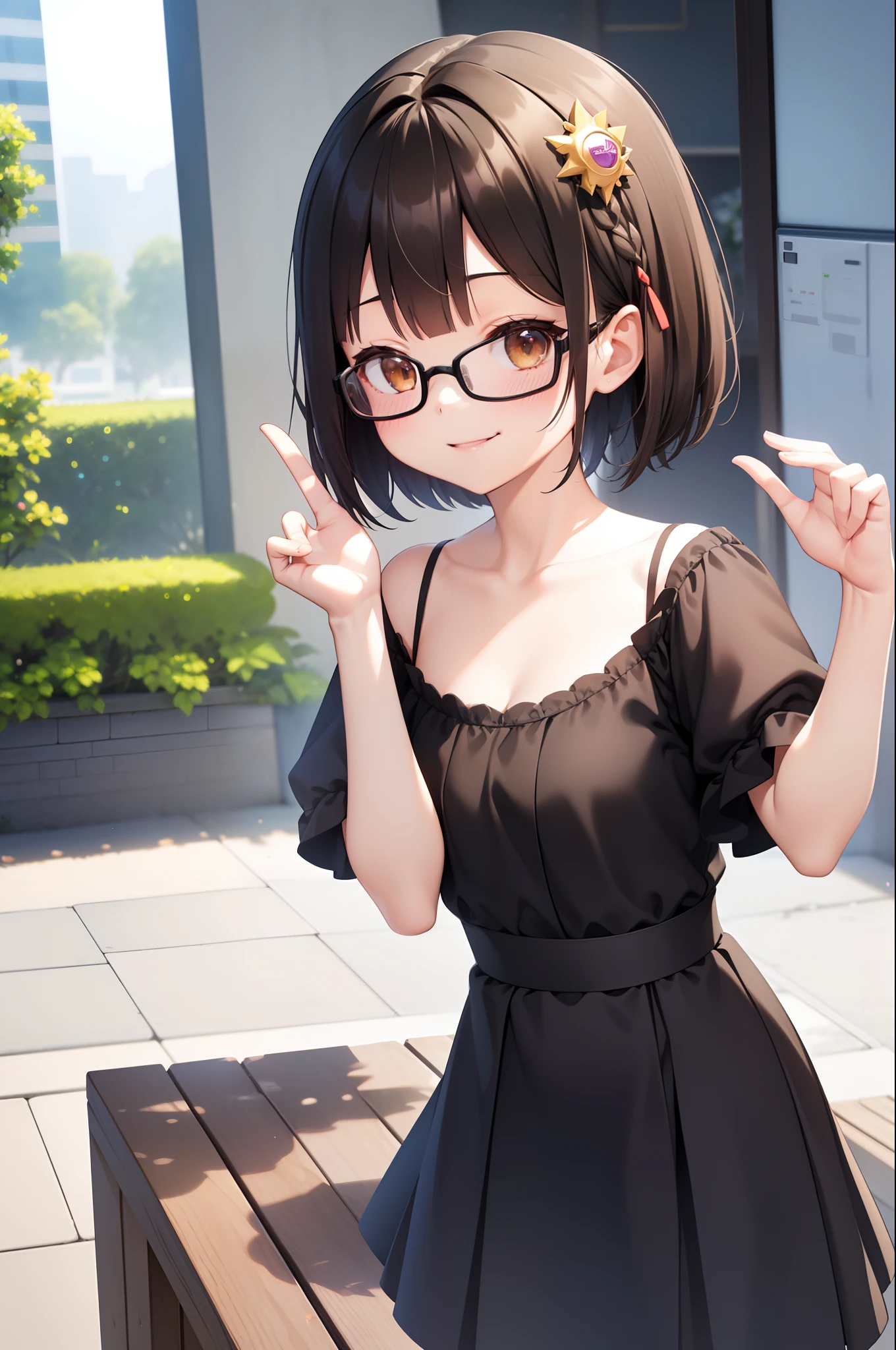 (masutepiece, Best Quality, Capture super cute moments, depth of fields, ultra-detailliert, Ultra High Resolution, C4D, Octadale, 3D Modeling, 8K, 16 K, one girls、a junior high school student、A dark-haired、short-hair、straight haired、Light brown eyes,hair adornments、wearing black glasses、A smile)、choir、chapel