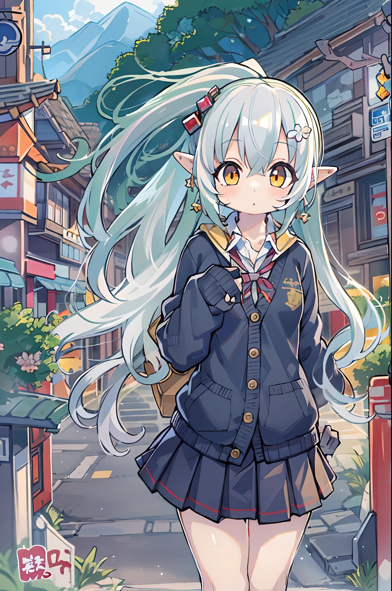 masutepiece , Best Quality,Nahida(GenshinImpact) ,1girl in , tiny chest,Long hair ,Side Ponytail, Hair Ornament , White hair , Green hair , hand behind head:1.5,multicolored hair, elf , pointy ear , School uniform , Skirt ,Cardigan,mountain road , Street,looking at the viewers