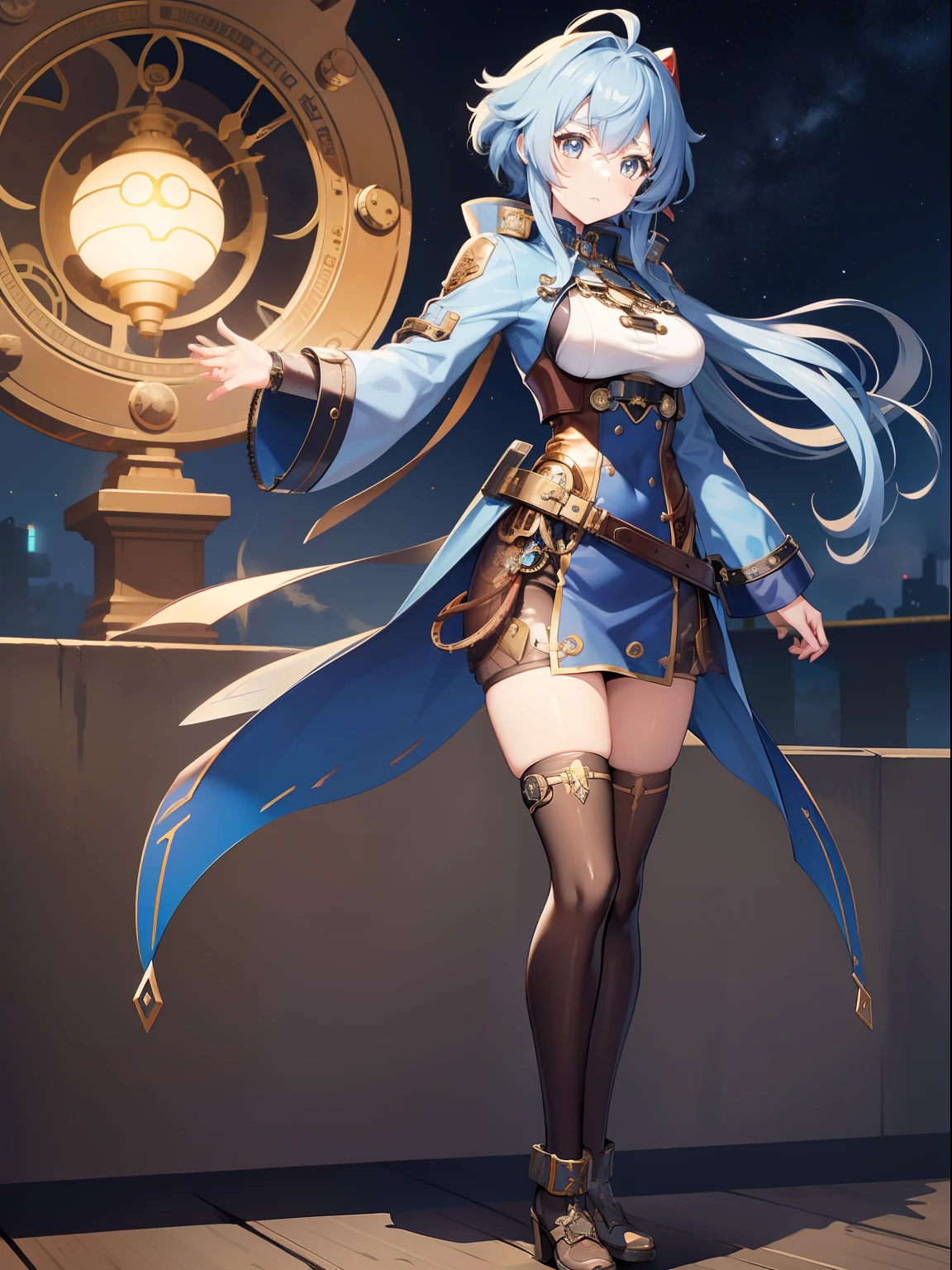 (masutepiece:1.2)、Emotion enhancement configuration、Little Flying Steam Racer、flying girl、Far above、Cute girl in anime style, Inverted triangle composition, Archaic steampunk style costumes, ((Light blue straight hair:1.2), (hitomi、Beautiful eyeballs:1.2)), Cool Face, Wearing a lot of steampunk gear and chronomatters, Full body, Steampunk Sky Blue Red Leather Coat、Decorated with numerous gear and watches, Finely detailed, Smooth, High resolution, 1girl in, Night, Black sky and lots of stars,