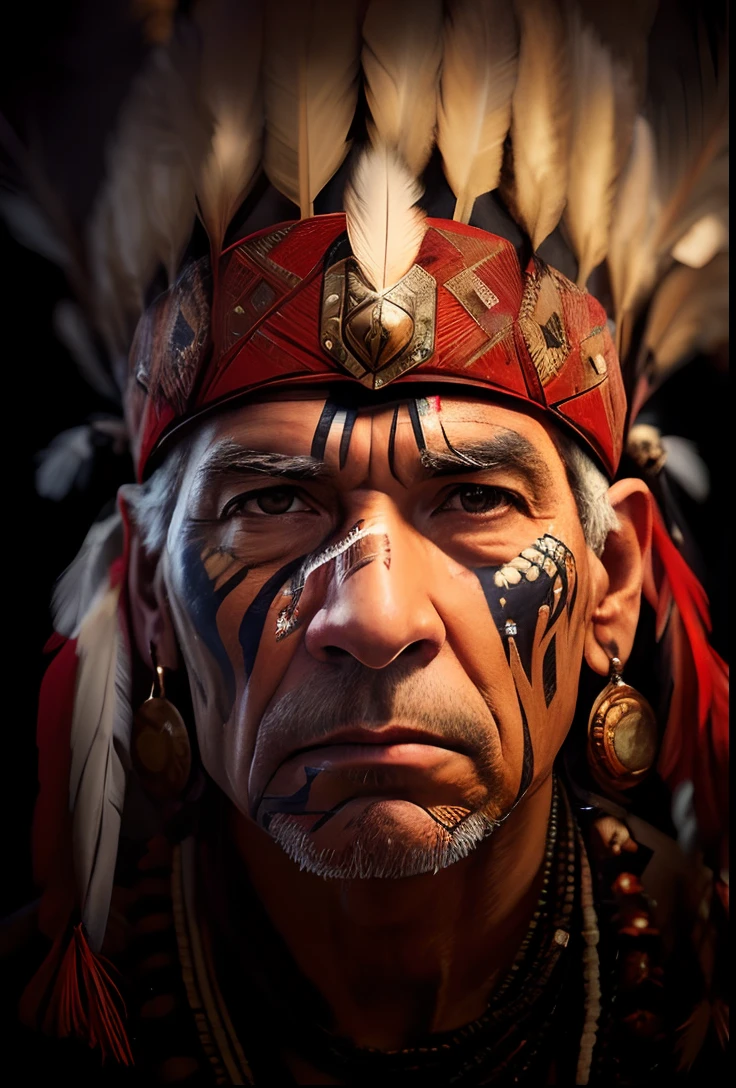 Extremely perfect cinematic hyperrealistic image of a closeup of a man with a feather headdress and a feather on his head, Indian warrior, Nativo americano, retrato ultra detalhado, Guerreiro nativo americano, arte digital altamente realista, rostos incrivelmente detalhados, pinturas tribais do rosto, foto de retrato, Um guerreiro nativo americano, indigenous man, rosto incrivelmente detalhado, amazing likeness, arte digital muito realista, grande rosto detalhado, 16k, highes definition, rosto detalhado, rosto detalhado, olhos detalhados, terno detalhado, estilo DC, hiper-realista, + Cinematographic shot + dynamic compositing, incrivelmente detalhado, nitidez, detalhes + detalhes soberbos + noite com luz + perfeccionismo + realismo premiado ((soft-lighting))