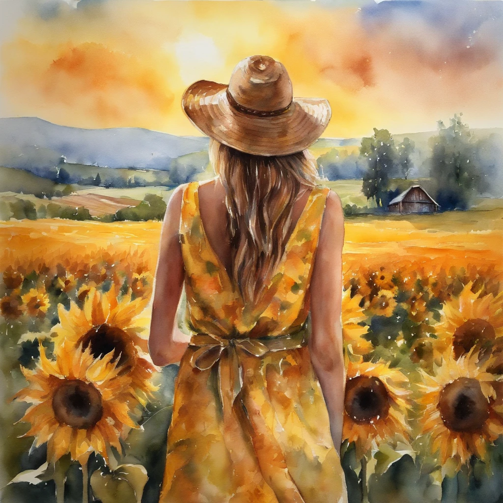 sunflowers fields、Back view of a beautiful girl、rays of sunshine
