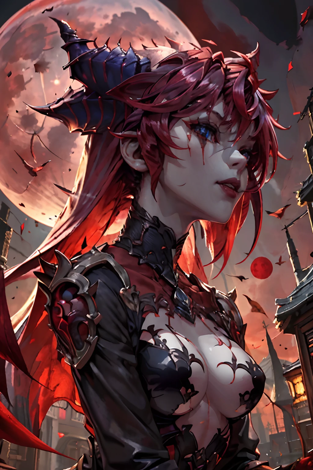 plein air、(Red moon background:1.6)、lilith、(realisitic:1.5)、(Moonlight dumplings are displayed:1.2)、(beautiful countenance:1.2)、(gorgeous eyes:1.5)、Vampire Fangs、Extreme detailing、Sharp Images、wicked、murky、sullenness、(fullllbody:1.4)、(vivd colour:1.2)、(((intricate-detail:1.5)))、Sub-surface scattering、three point lighting、edgelighting、Insanely detailed shadows、Ambient Occlusion、Textured skin、obscenity、lewd clothing、 ​masterpiece, top-quality, ultra-detailliert, Textured, Look at viewers, A detailed eye, A detailed face, (​masterpiece:1.4),(top-quality:1.4),(shinny skin), Neon light, (natta:1.4), mid night,  crisp image, (Saturated color:1.5), bloom around lights,