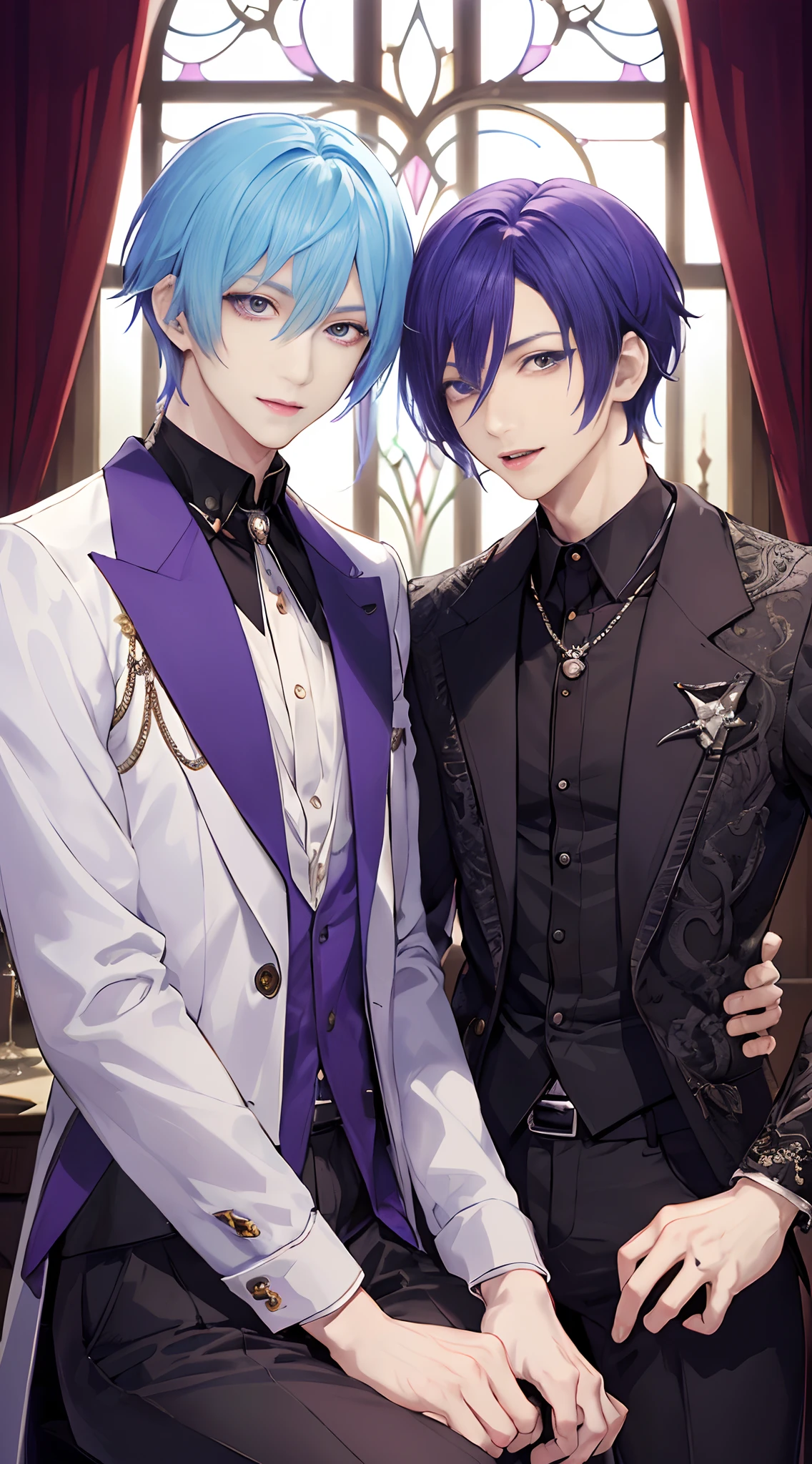 masterpiece, top-quality, 2Others, Male couple, 1 man and 1,, Adults, Height difference, different fashion, different color, finely eye and detailed face, intricate detailes, Casual clothing, window, A smile, Happiness, tenderness, queers, Boys Love, high-level image quality、 selfee, Two beautiful men、tall、The upper part of the body、nightfall、nighttime scene、𝓡𝓸𝓶𝓪𝓷𝓽𝓲𝓬、Korean Male, Idol Photos, k pop, Professional Photos, Vampires, Korean fashion in black and white, Fedoman with necklace, inspired by Sim Sa-jeong, androgynous vampire, :9 detailed face: 8, extra detailed face, detailed punk hair, ((eyes are brown)) baggy eyes, Seductive. Highly detailed, semi realistic anime, Vampires, hyperrealistic teen, delicate androgynous prince, imvu, short hair above the ears, Man with short hair, With a purple-haired man with a wild expression, Man with light blue hair with gentle expression, ((With a short-haired man with bright purple hair)), ((Man with light blue hair))