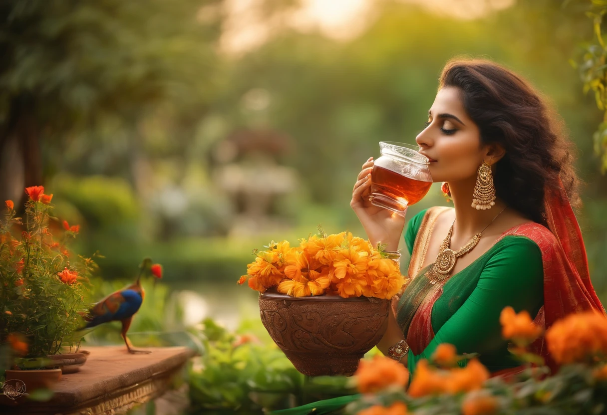 In a lush, botanical paradise, an Indian woman enjoys her herbal infusion, her heart resonating with the garden's vitality, exotic birds chirping in the background, the fragrant aroma of herbs infusing the air, a serene, dreamlike ambiance enveloping the scene, (masterpiece, best quality), beautiful woman drinking herbal tea, detailed sleeveless top, pants, necklace, wavy hair, perfect face, beautiful face, alluring, big gorgeous eyes, open mouth, happy, perfect slim fit body, (outdoor), realistic, 8k, India, bright colors--ar 9:16 --v 5