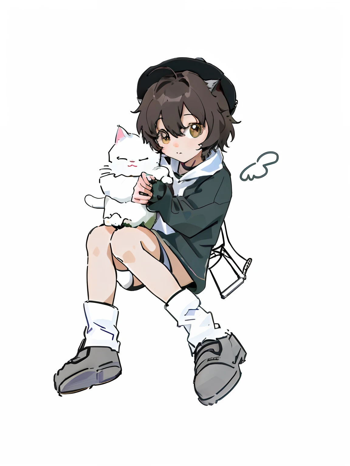 (Best quality,4K,8K,A high resolution,Masterpiece:1.2),Ultra-detailed,(Realistic,Photorealistic,photo-realistic:1.37),illustration,The Kangtai collection is inspired by the art style,2D anime art style,a variety of poses,Cute anime girl,sit on chair,Wearing a hat,Cat ears,Inspired by Hiroshi Okumura,With anime art style,casual pose,Cute anime girl with cat ears,Anime girl crouching,Gothic Atmosphere, color more detail