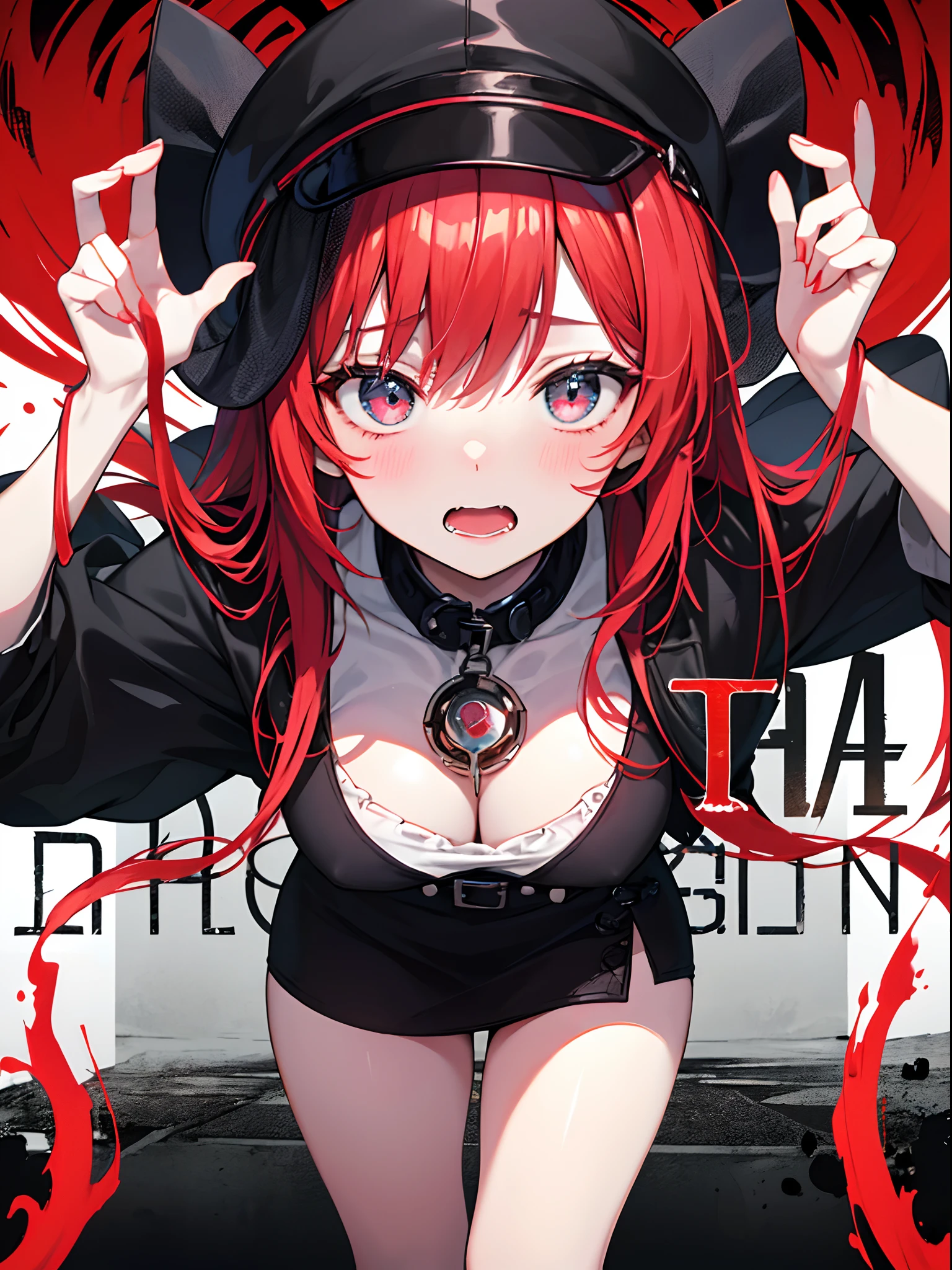 (masterpiece、top-quality、hight resolution)、 Kana Arima \(Oshinoko\), full of shyness、red hairs、Bob Hair、red blush、Wavy mouth、(((Dramatic)))、(((gritty)))、(((vehement))))The poster of the film appears as a central character。She is shy in the center of the poster、Wearing an idol costume、Has a determined look。The background is dark and rough、I feel like I'm drunk。Text is bold and eye-catching、Catchy slogans add to the overall drama and excitement。The color palette is dominated by dark colors.、Bright colors dotted、Make your poster dynamic and visually impactful、Tachi- e(magazine:1.3)、(cover-style:1.3)、Fashionable、with a vibrant、outfits、the pose、the front、colourfull、Dynamic、Background with、element、self-assured、Expressively、ngel、statement、attachment、An majestic、coiled、surroundings、Touch、The scene、Texto、covers、boldface、grab attention、Titles、lo fashion、Font、Catchy、Titles、Large、grab attention、moderno、 Trendy、concentrating、Stylish、1 girl in、a miniskirt