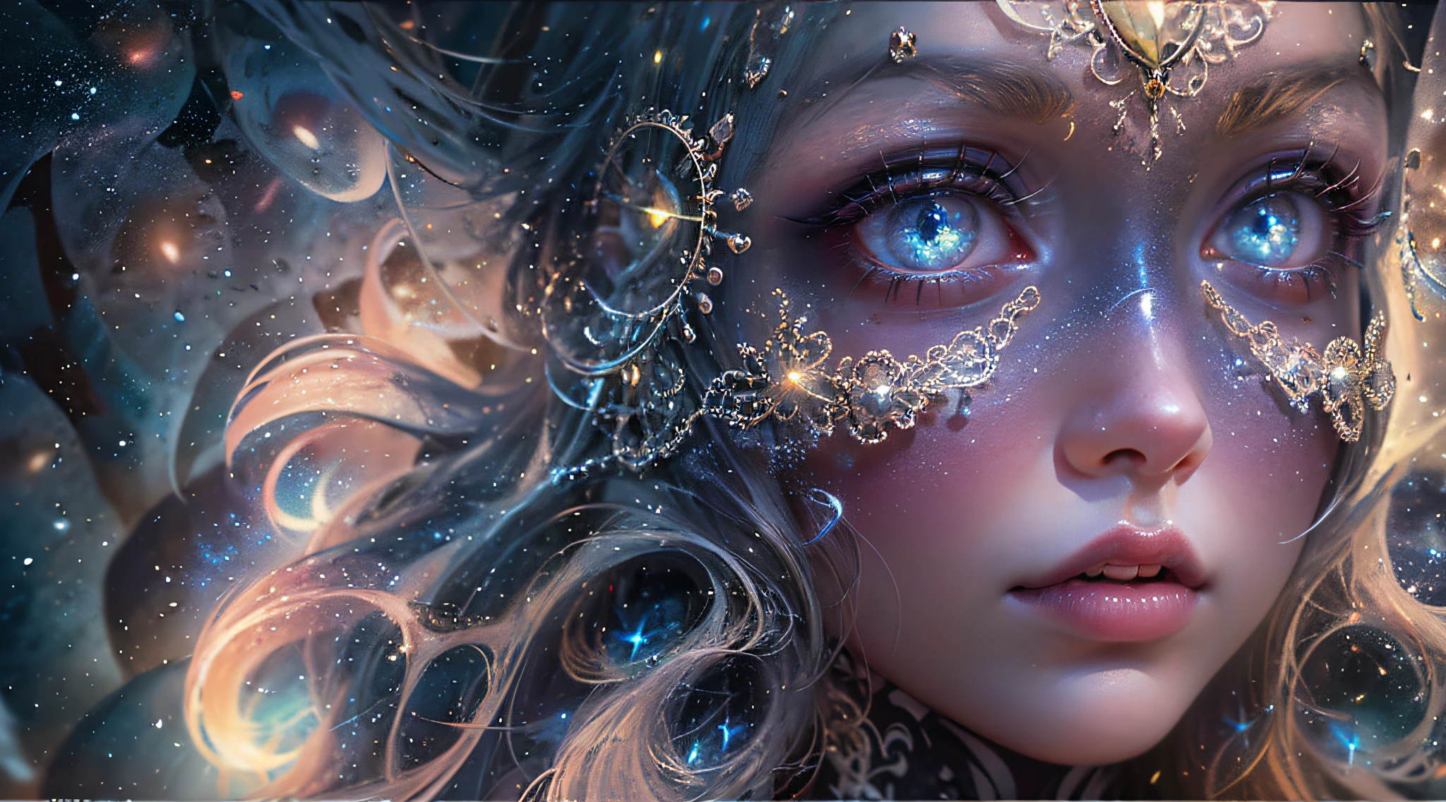 Alien Girl, Eyes glow, In the eyes of the cosmos, huge eyes on the face, ultrarealism, overdetalization,(background: fractals, metamorphoses, filigree, Energy Flows ) The texture of the skin is detailed, Cinematic, The right composition, a closeup of a, a starry sky, luna, Masterpiece, magnificence