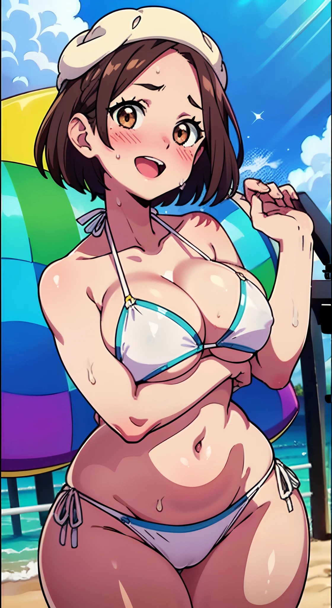 (Perfect body),Best Quality,(8K Portrait),(Official art)、embarrassed from、:d、(((blush))),(Sweat),((large udder))、Wet、(Big ass)、(Brown hair),((short-hair))、((Forehead))、((Parted bangs)), (eyes are brown)、(Brown eyes),(((thick thighs)))、(((White and light blue bikini)))、((beachvolley))、(Armpits)