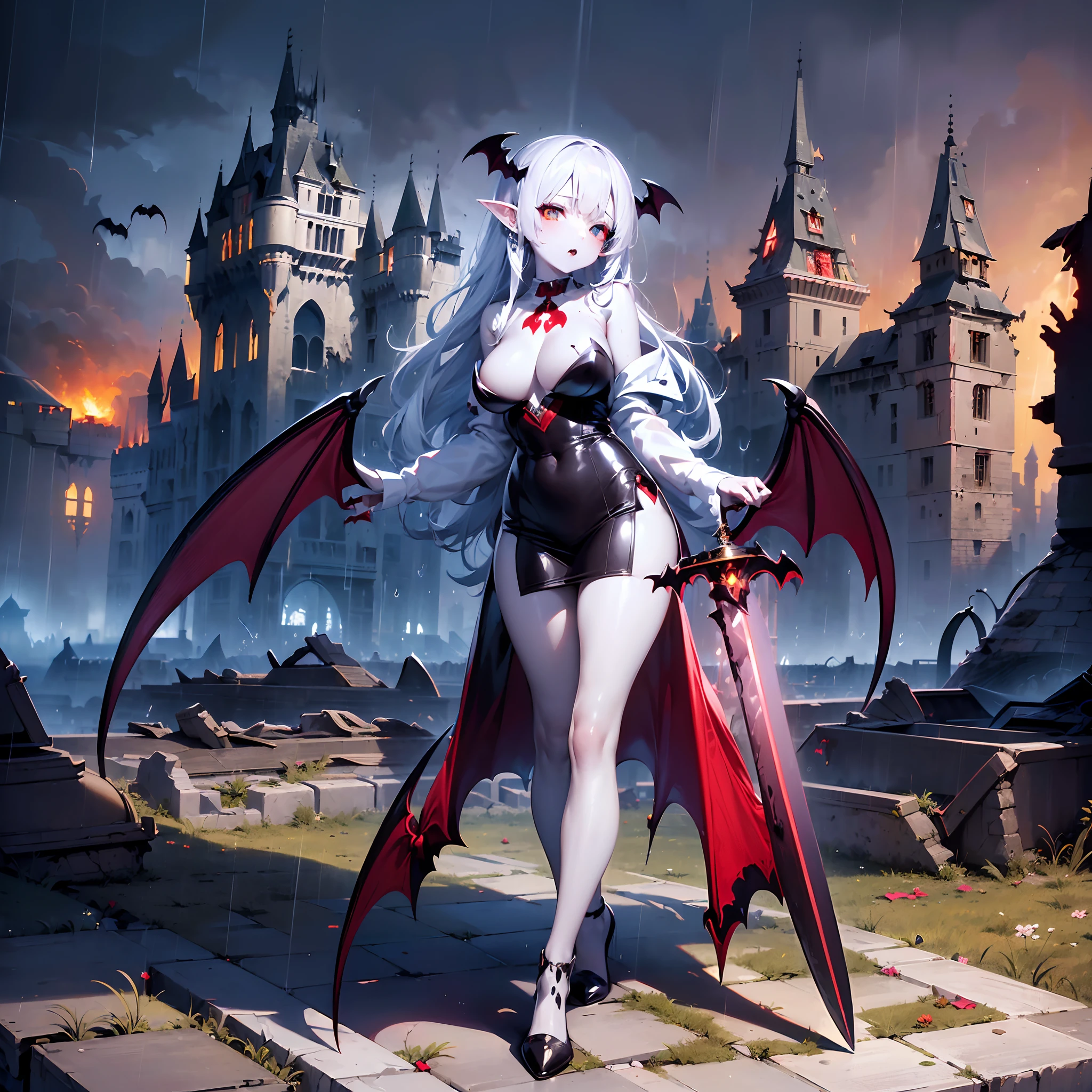 [(sky background:1.5),::5], (Masterpiece), perfect anatomy, perfect face, extremely high detailed design, extremely high quality, 8k resolution, 8k CG unity wallpaper, full body art, (((1girl/solo))), ((pale white skin)), (beautiful face with a serious expression, blushing:1.0) , bangs white long hair, (vampire horn:1.5), pointed ears, wearing gold earrings, vampire red eyes, (glow eyes:1.3), slim and sexy body, large breast, (vampire/bat wings:1.5), (wear soft dress, cool outfit), (holding cool vampire sword:1.5), one sword), (flying:1.5), darkness aura, (((abandoned castle background, destroyed and burned village:1.5))), (raining in day time:1.5), (foggy area:1.3), combat pose