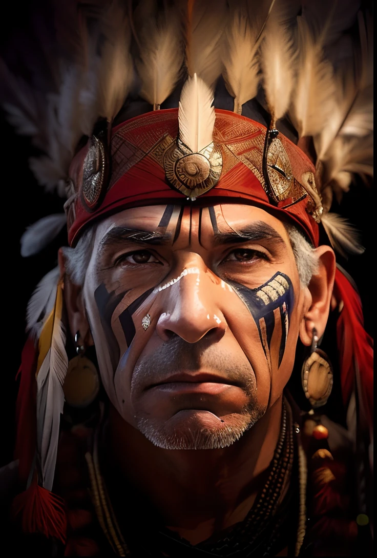 Extremely perfect cinematic hyperrealistic image of a closeup of a man with a feather headdress and a feather on his head, Indian warrior, Nativo americano, retrato ultra detalhado, Guerreiro nativo americano, arte digital altamente realista, rostos incrivelmente detalhados, pinturas tribais do rosto, foto de retrato, Um guerreiro nativo americano, indigenous man, rosto incrivelmente detalhado, amazing likeness, arte digital muito realista, grande rosto detalhado, 16k, highes definition, rosto detalhado, rosto detalhado, olhos detalhados, terno detalhado, estilo DC, hiper-realista, + Cinematographic shot + dynamic compositing, incrivelmente detalhado, nitidez, detalhes + detalhes soberbos + noite com luz + perfeccionismo + realismo premiado ((soft-lighting))