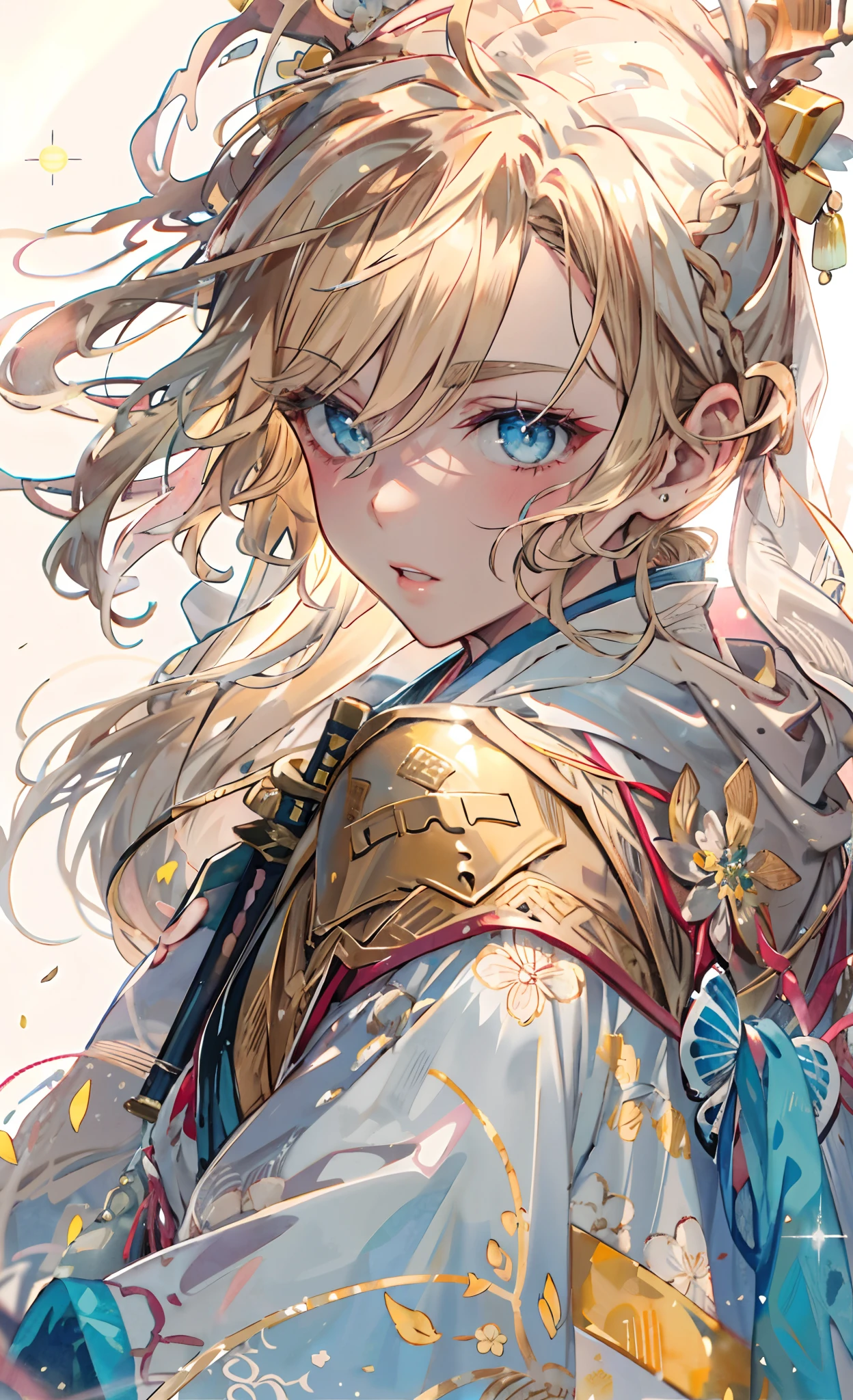 Masterpiece, Best quality, 1girll, golden hair, blue color eyes, Female swordsman walking, Dutch angle, Cinematic, voluminetric lighting, rays of sunshine, Soft lighting, mistic, magical, rim lit, fantasy, Sparkle, glimmering, Ponytail hairstyle, Hanfu, Carry a sword on his back, Ancient China, White and yellow clothes, Bird, The crane, Long hair, thick eyebrow