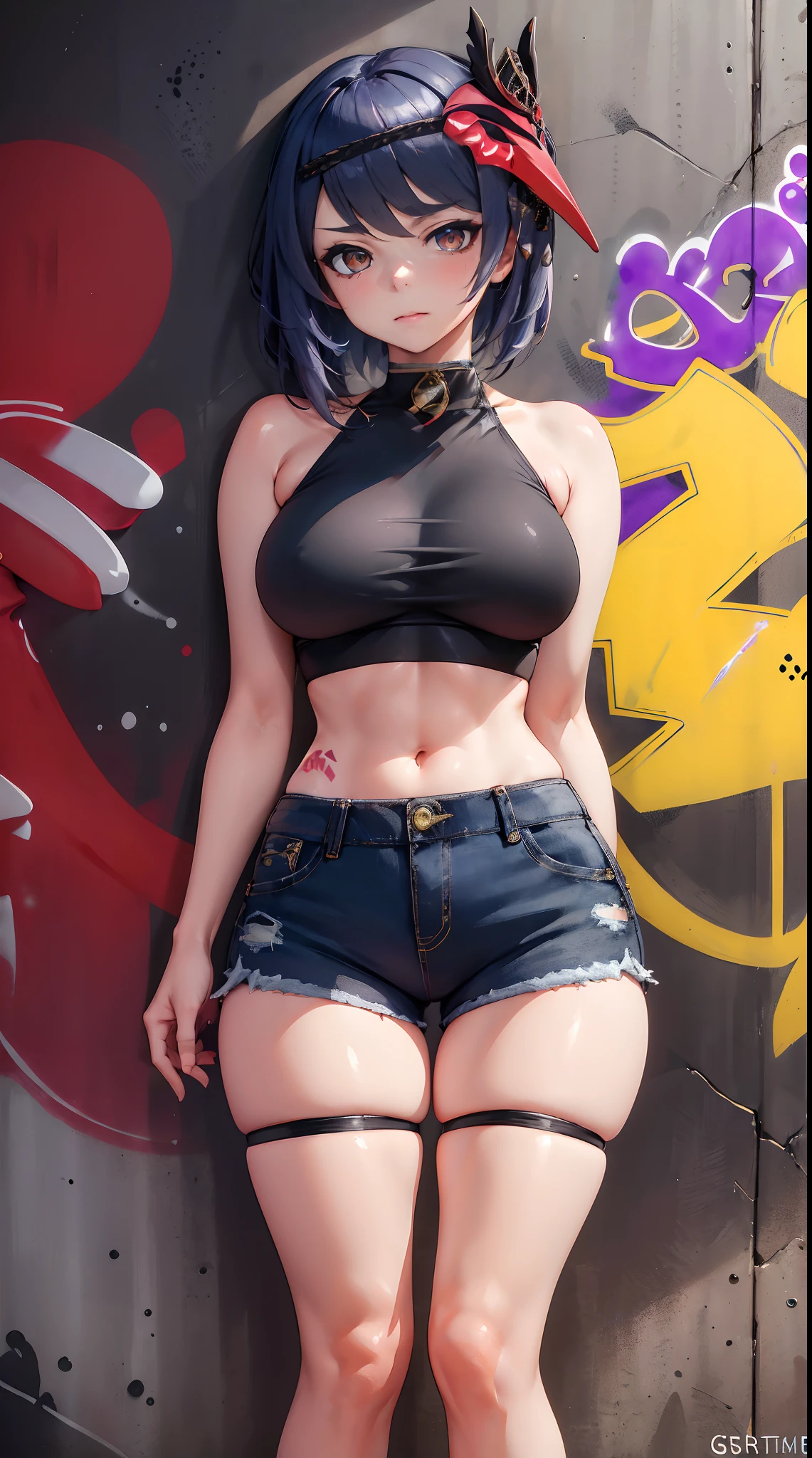 Kujou Sara Genshin Effect, masterpiece, bestquality, 1girls, oversized breasts, bara, crop top, shorts jeans, choker, (Graffiti:1.5), Splash with purple lightning pattern., arm behind back, against wall, View viewers from the front., Thigh strap, Head tilt, bored, water eyes,