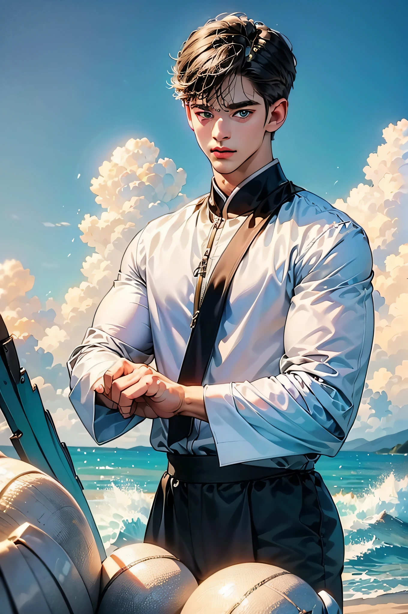 (in 8K、top-quality、masterpiece:1.2)、1 boy、short-haired、Hair short、Brown-skinned、Blue View、