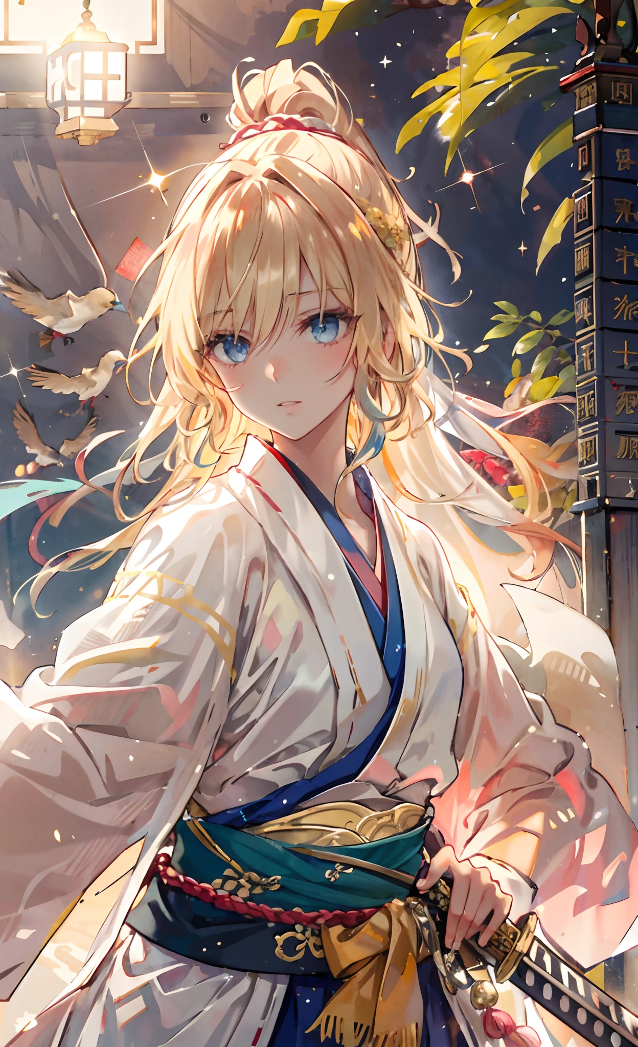 Masterpiece, Best quality, 1girll, golden hair, blue color eyes, Female swordsman walking, Dutch angle, Cinematic, voluminetric lighting, rays of sunshine, Soft lighting, mistic, magical, rim lit, fantasy, Sparkle, glimmering, Ponytail hairstyle, Hanfu, Carry a sword on his back, Ancient China, White and yellow clothes, Bird, The crane, Long hair, thick eyebrow