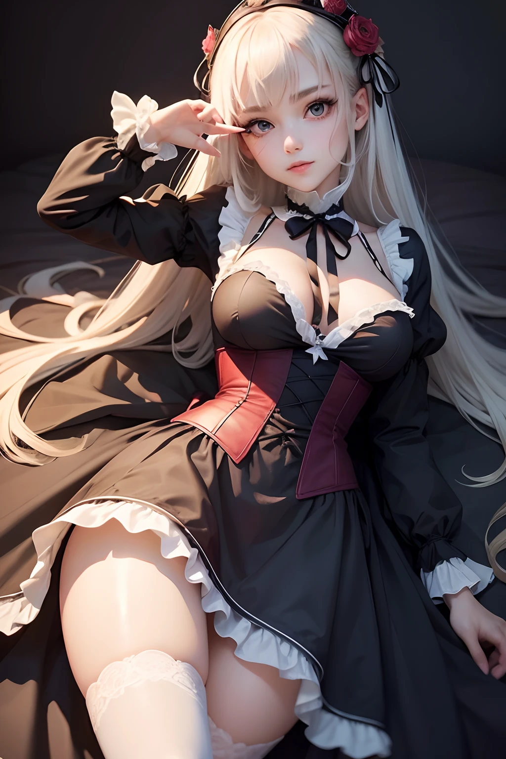 masutepiece, Best Quality, 1girl in,Eye of Detail,lightsmile,hyperdetailed face,Best Photo Poses, (Beautiful and aesthetic),Model Posture,medium breasts, Medium Hair,(gothic and Lolita clothes),prety woman, Sharp jawline, 鎖骨,Gorgeous beauty〜25-years old〜Female sexy,Full body,slender,White background ,Simple background,on back,Lying