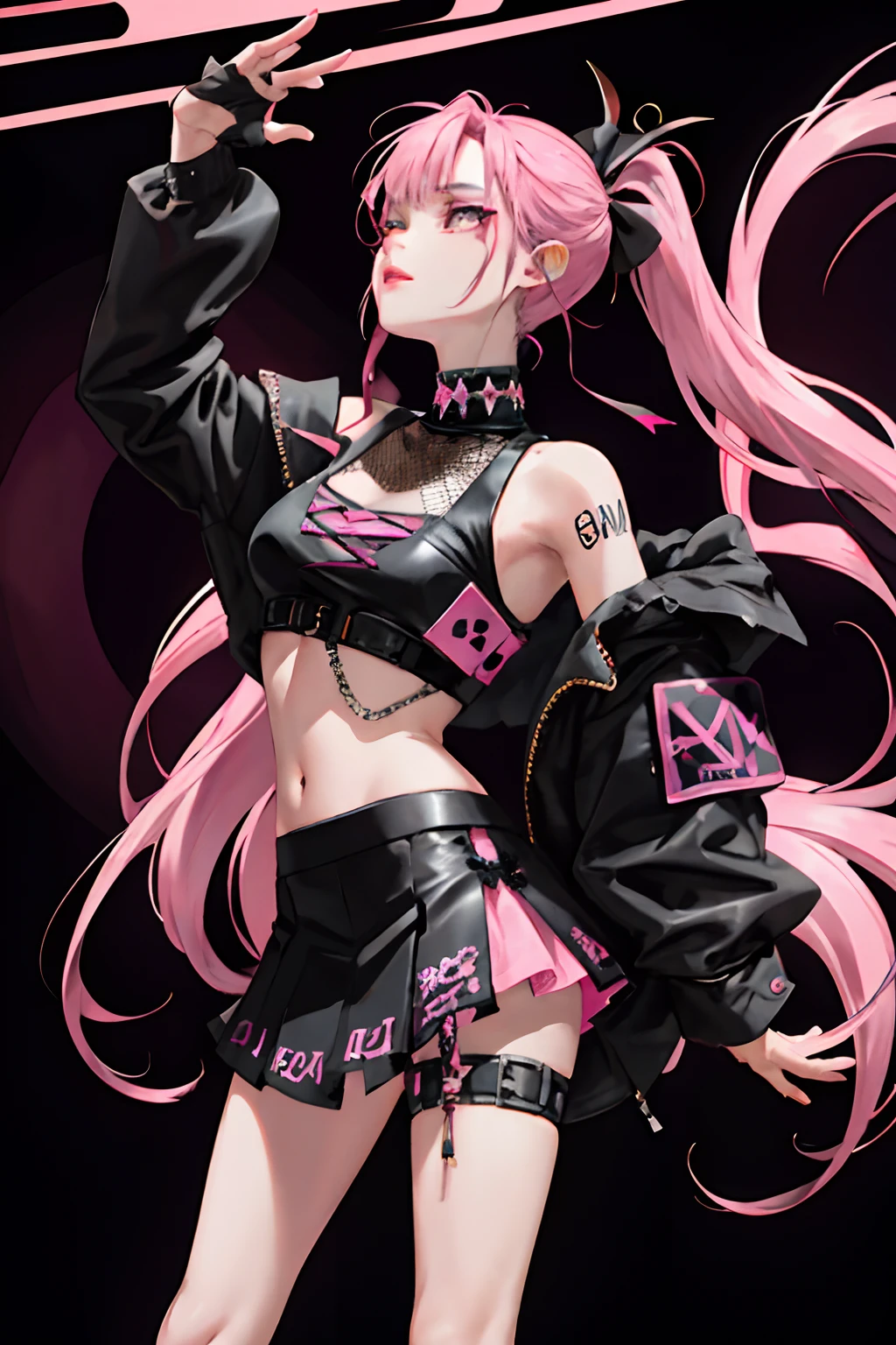 (masuter piece:1.2、top-quality)、(Live action、Intricate details)、(1lady、独奏、The upper part of the body、Colossal tits) garments: Edgy、Black jumper、Pink mini skirt、Avant-garde、Experimental appearance: Long pink hair、Dramatic makeup、Unconventional fashion choices behavior: Rebel、Runaway Ladies Leader、secretary-general、Black jumper、Pink mini skirt、Anti-system、Provocative Location: urban art district、Underground Music Scene Hobbies: Bad girl、Create mixed media art、Experiment with different subcultures values: individuality、authenticity、Creative Expression Inspiration: Runaway Ladies Leader、secretary-general、Counterculture icons、Nature: boldness、Unconventional。